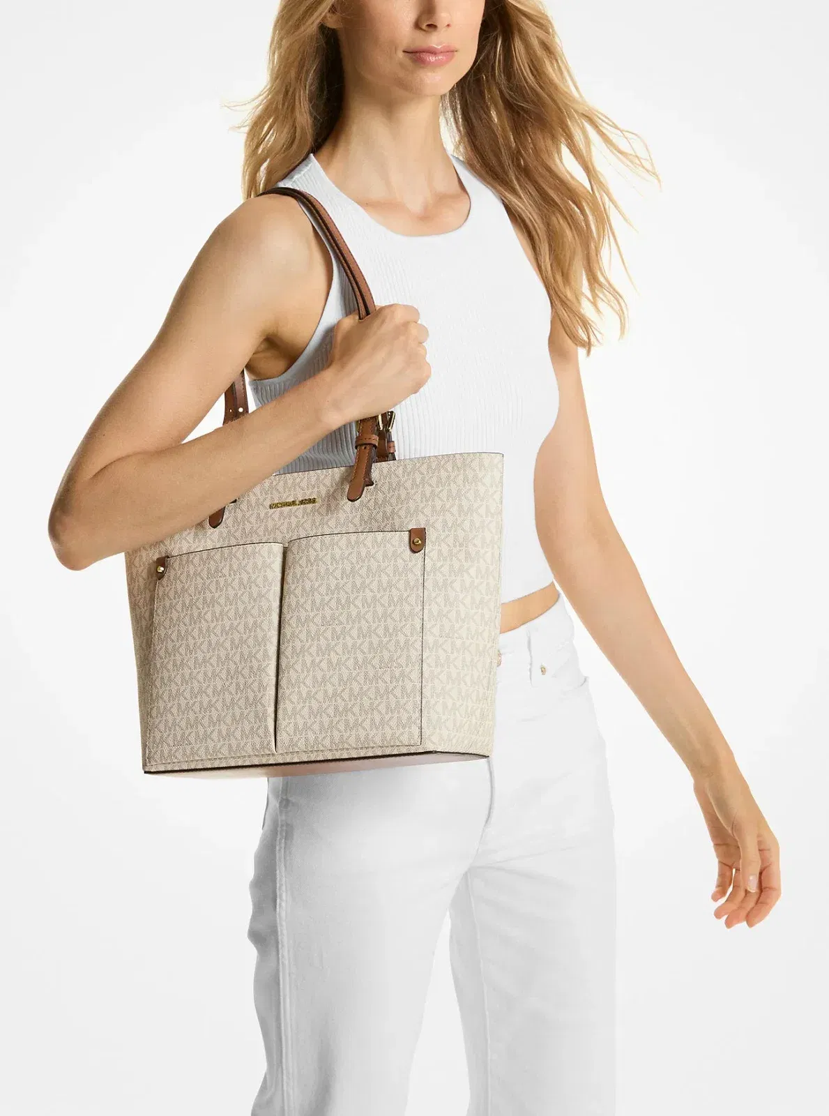 Michael Kors Jet Set Medium Logo Pocket Tote Bag Vanilla