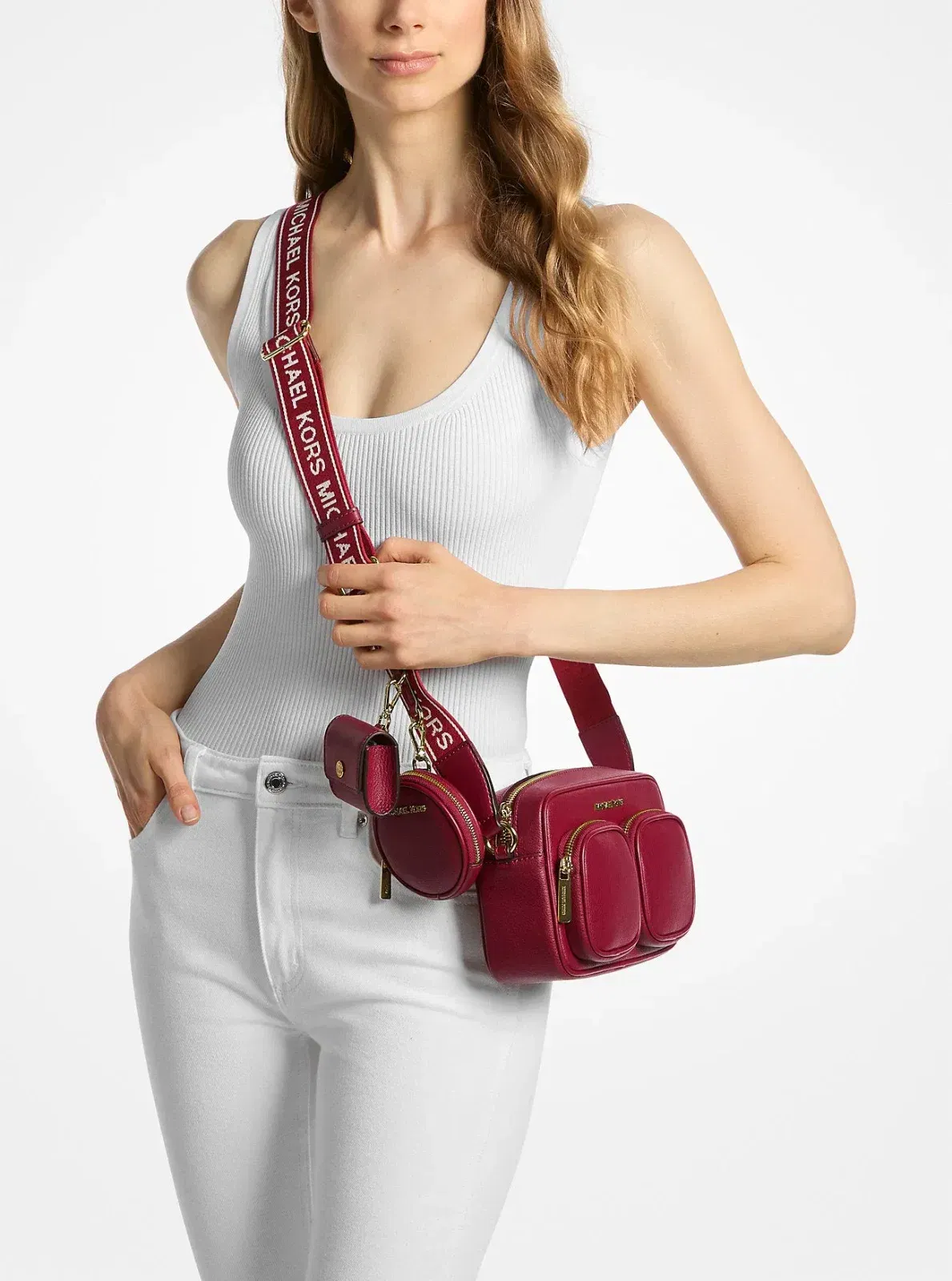 Michael Kors Jet Set Travel Medium Leather Messenger Bag Cherry