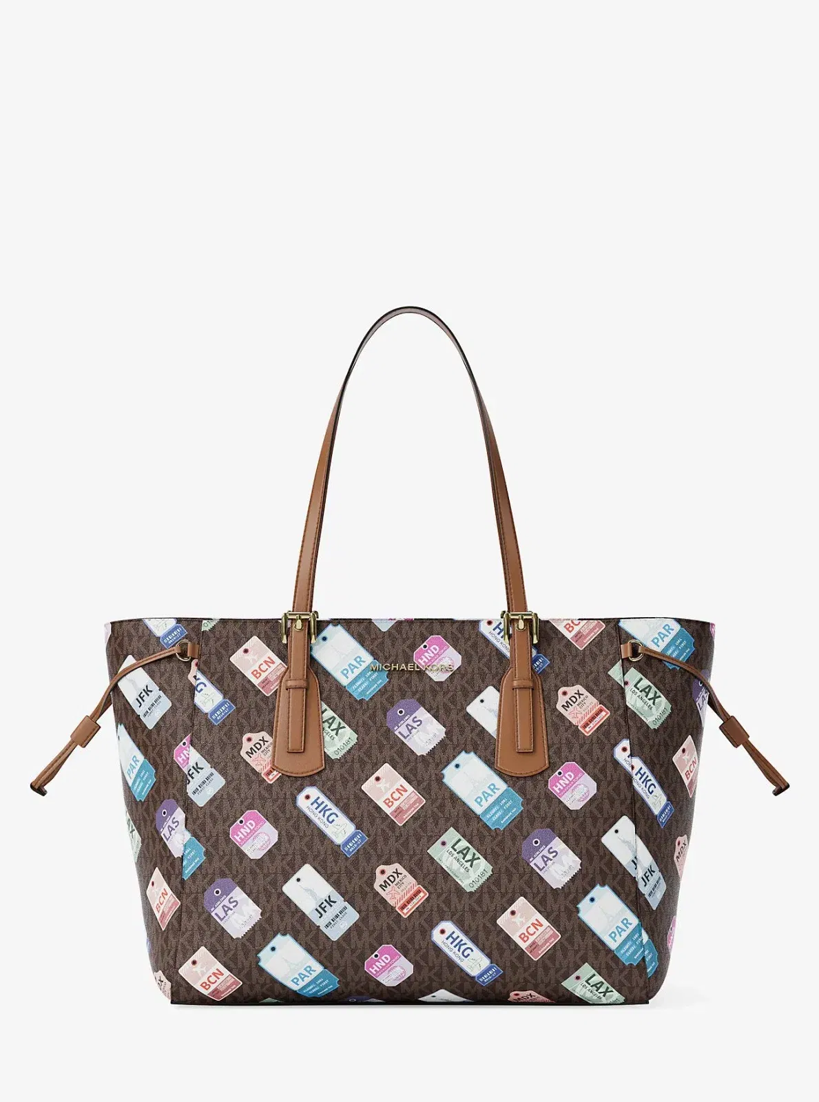 Michael Kors Voyager Large Printed Signature Logo Tote Bag Brown