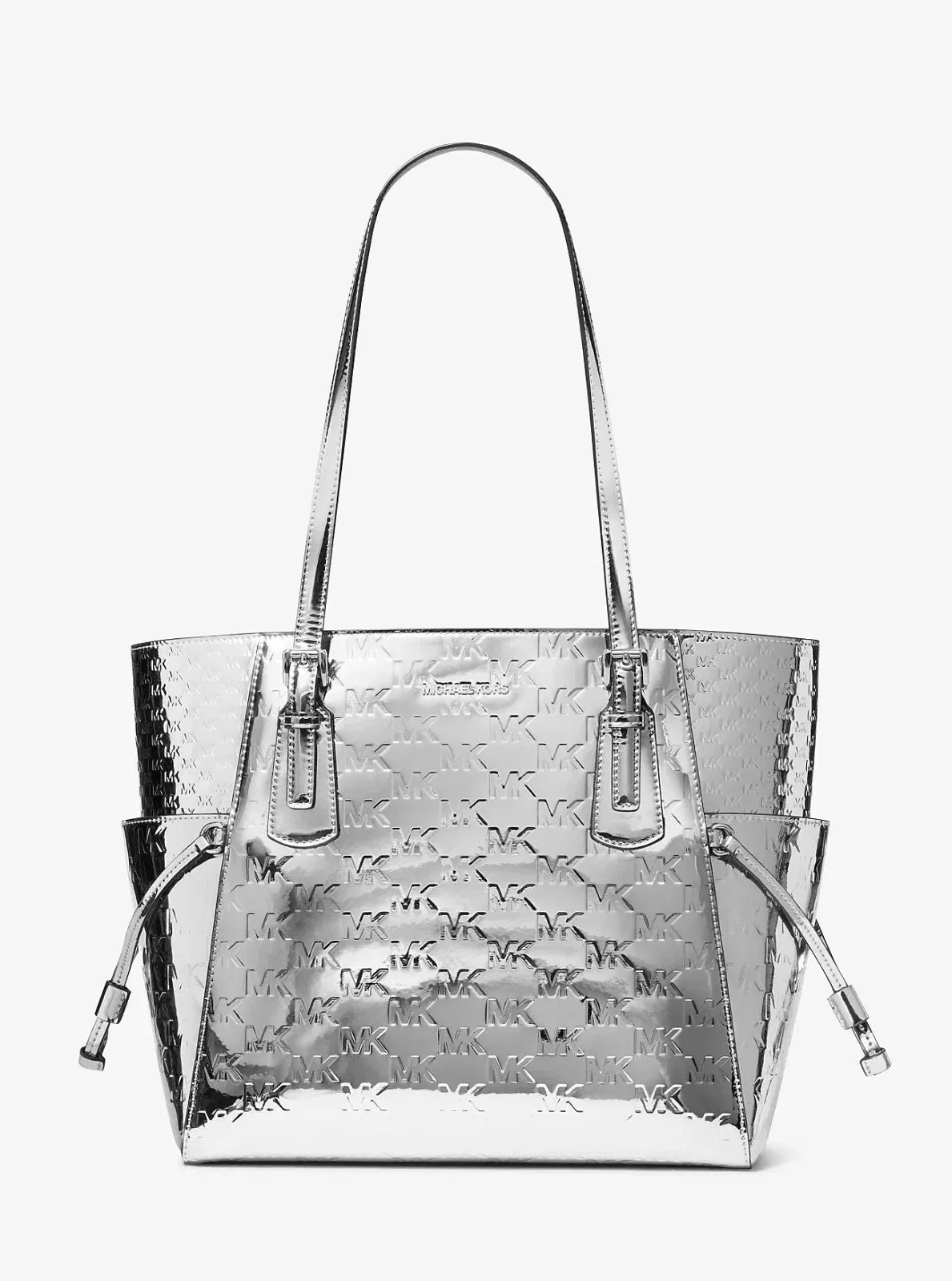 Michael Kors Voyager Large Patent Logo Debossed Tote Bag Silver