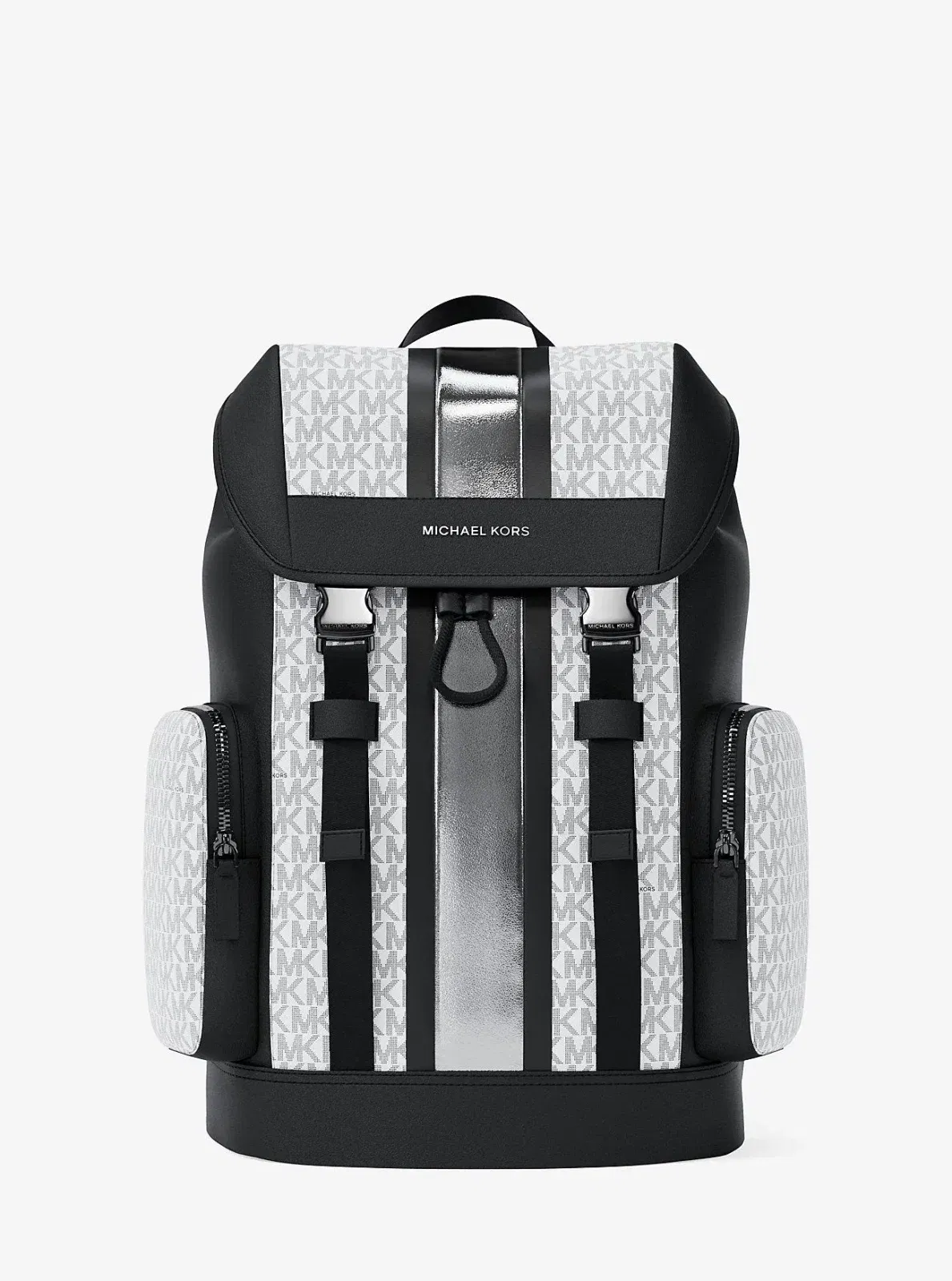 Michael Kors Cooper Metallic Striped Signature Logo Backpack Silver