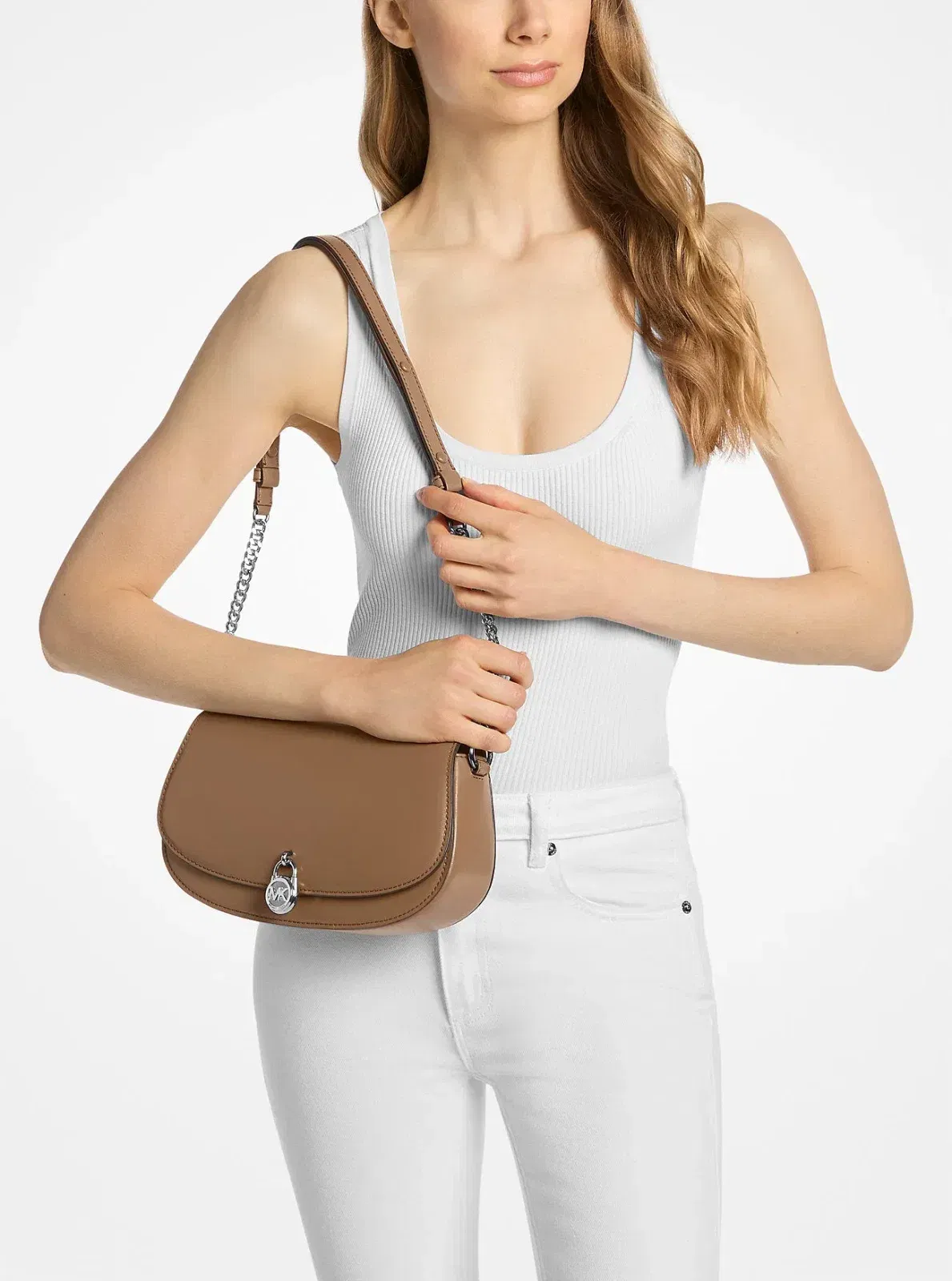 Michael Kors Mila Medium Leather Messenger Bag Driftwood