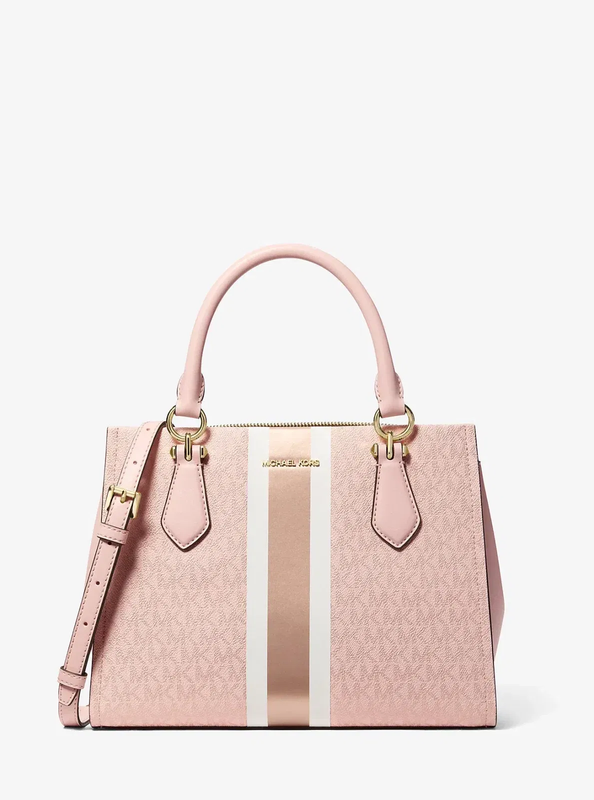 Michael Kors Marilyn Medium Signature Logo Stripe Satchel Powder Blush