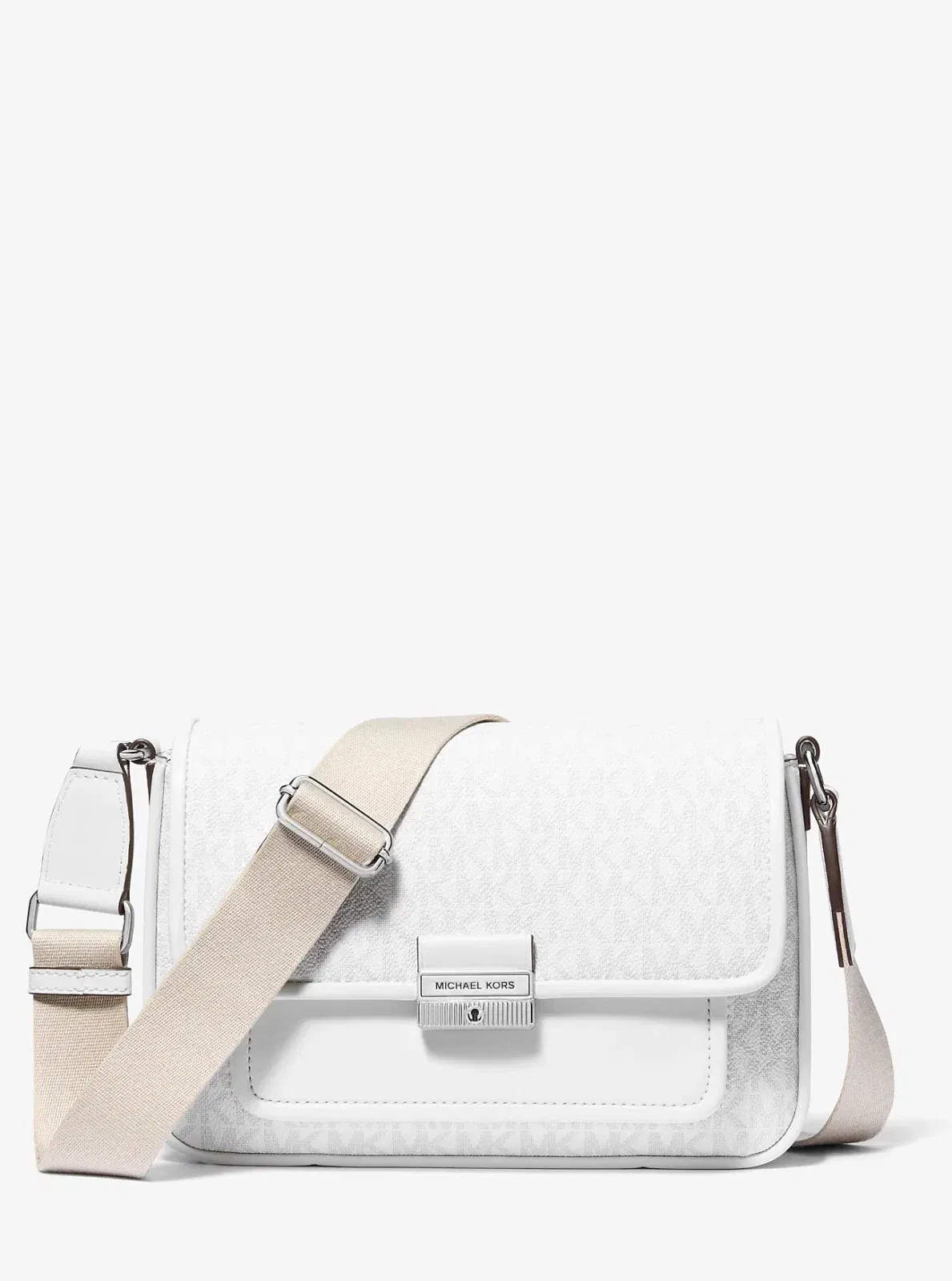 Michael Kors Bradshaw Medium Signature Logo Messenger Bag Optic White