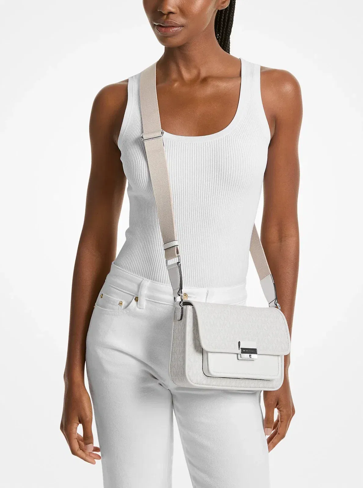 Michael Kors Bradshaw Medium Signature Logo Messenger Bag Optic White