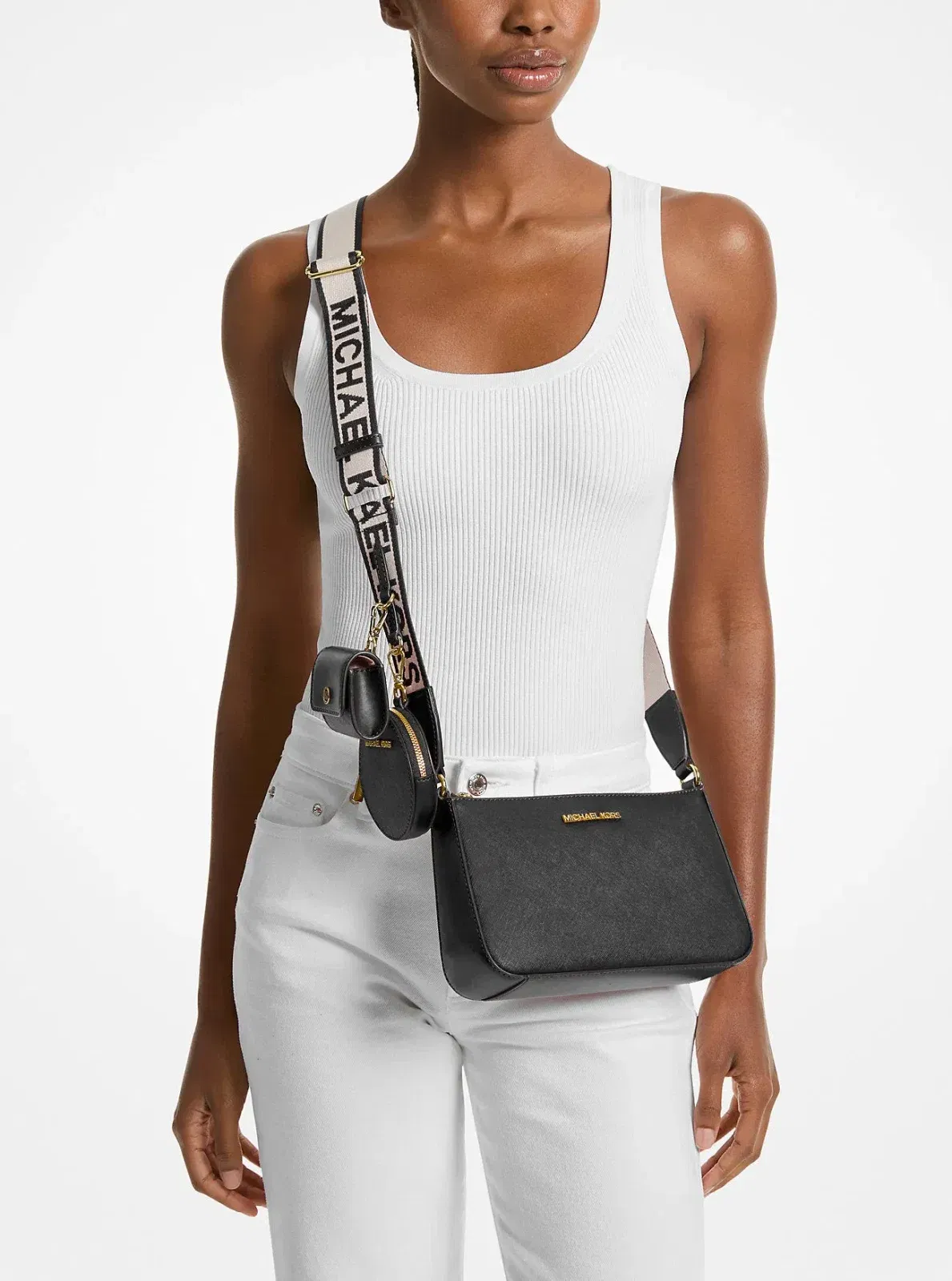Michael Kors Jet Set Saffiano Leather Crossbody Bag with Case for Apple Airpods Pro Black
