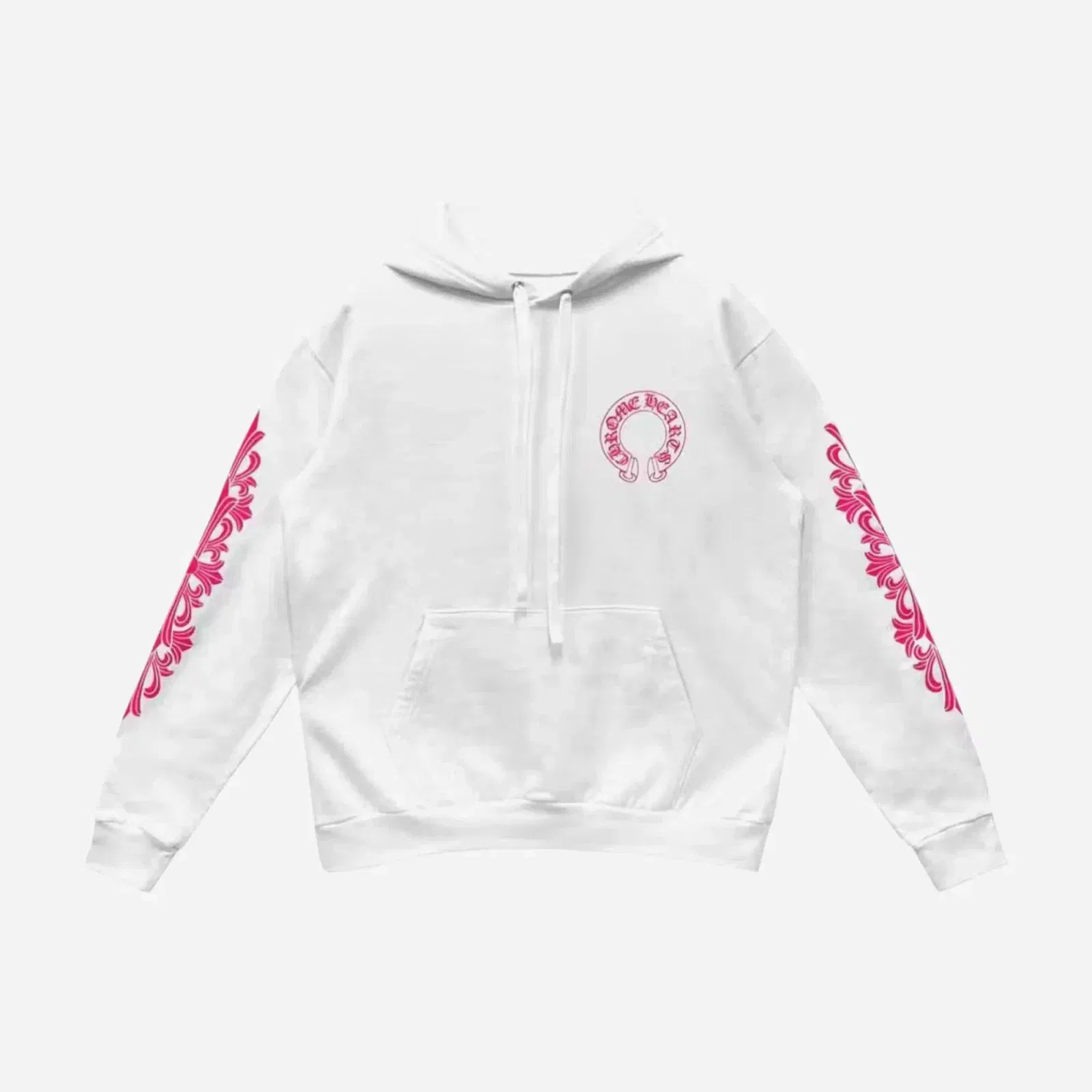 Chrome Hearts Pink Horseshoe Floral Sleeve Pullover Hoodie White