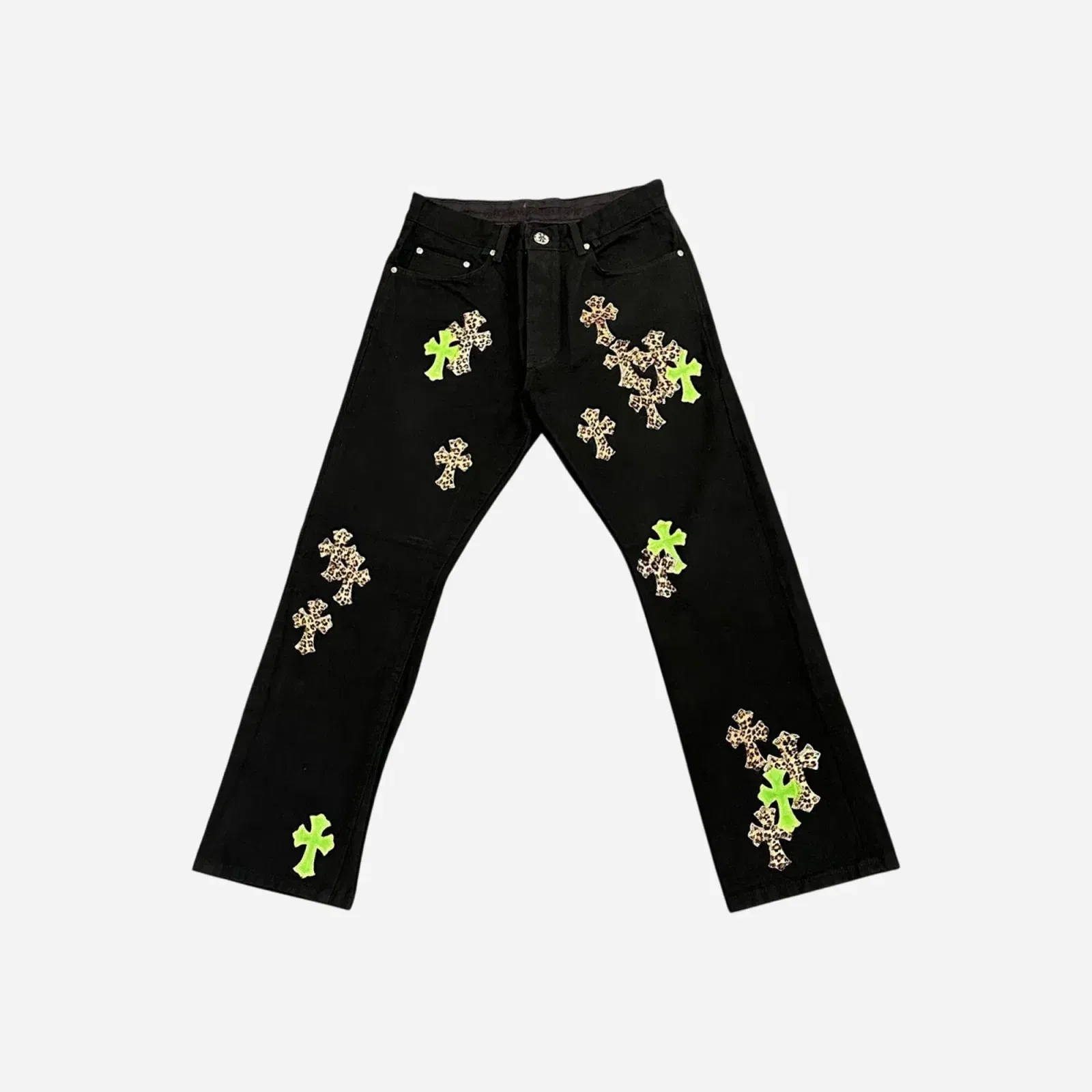Chrome Hearts Green & Leopard Cross Patch Jeans Black