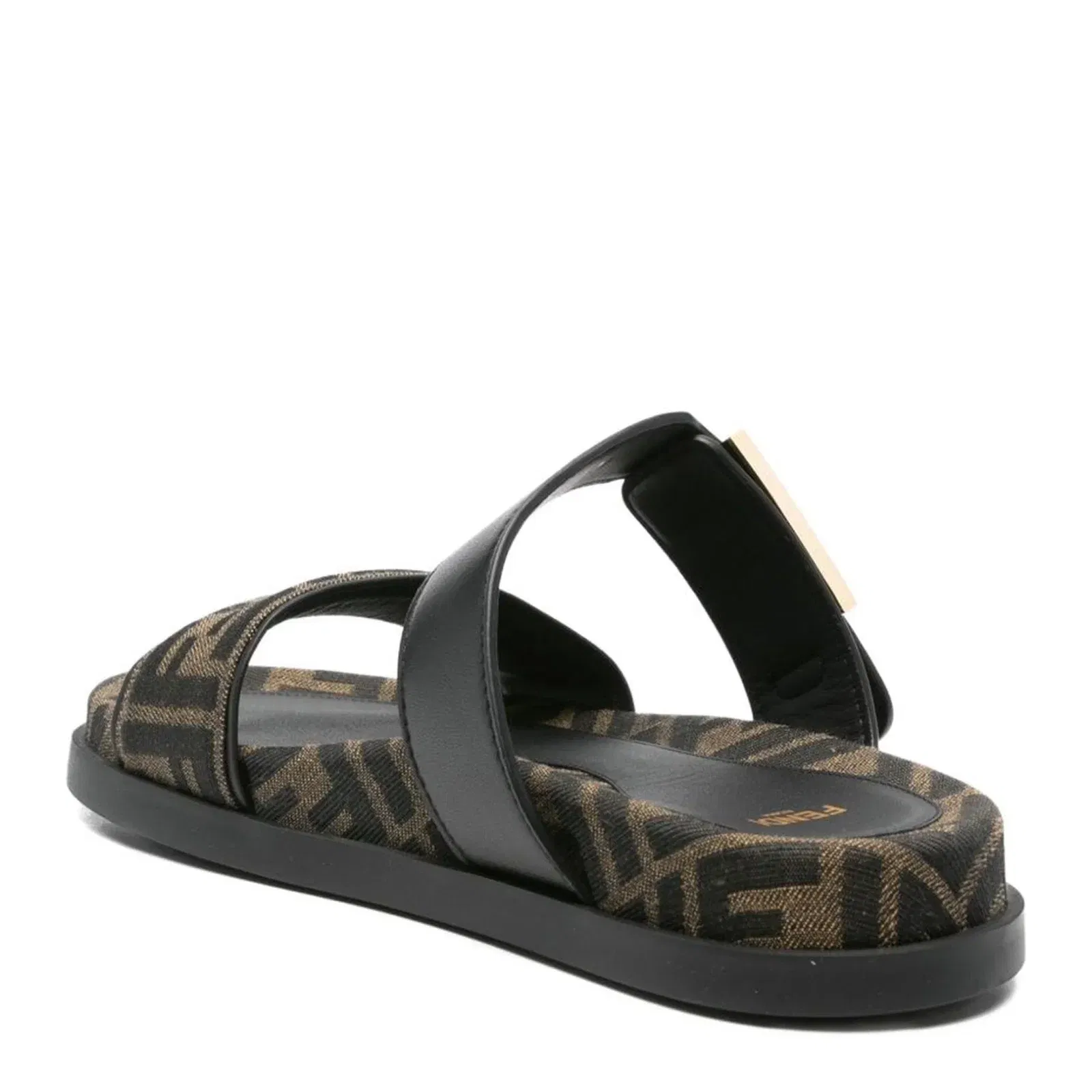 Black FF-Logo Pattern Double Strap Design Buckle Detail Flat Sole Leather Trim