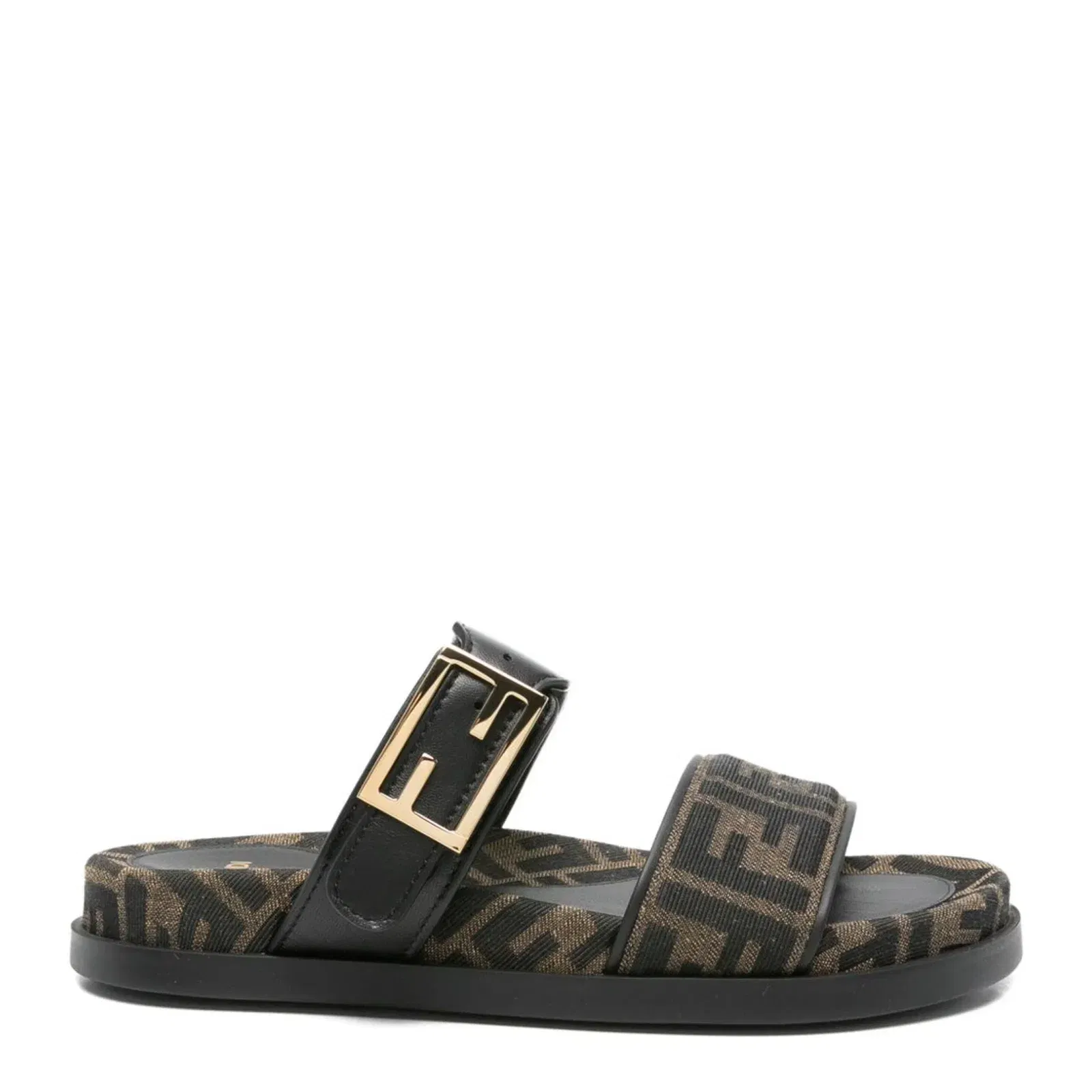 Black FF-Logo Pattern Double Strap Design Buckle Detail Flat Sole Leather Trim