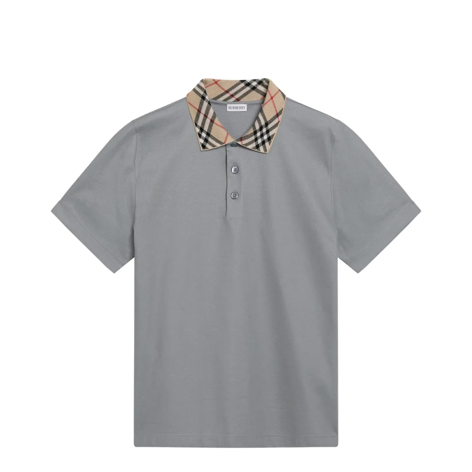 Grey Cotton Polo with Check Collar