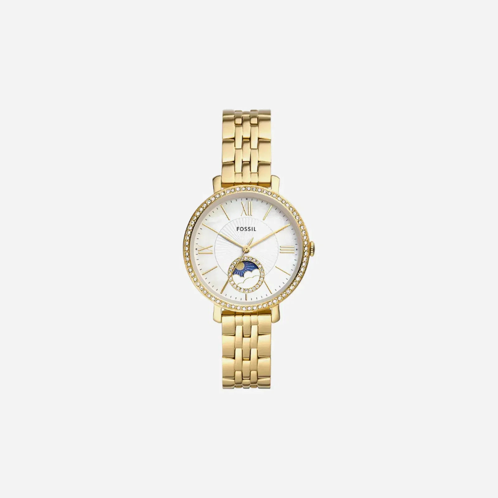 Fossil Jacqueline Sun Moon Multifunction White Mother-Of-Pearl Dial Gold-Tone Stainless Steel Watch