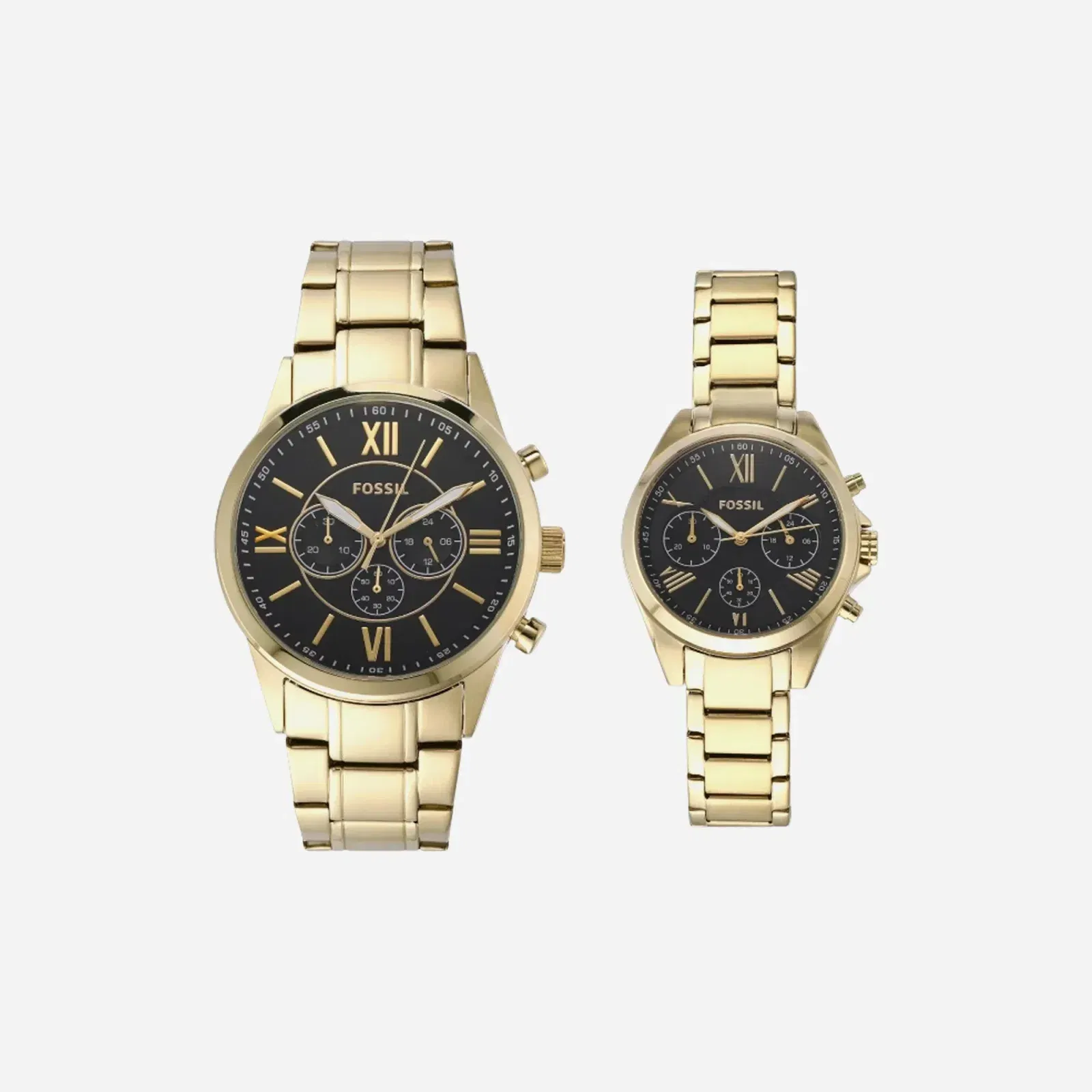 Fossil His and Her Chronograph Black Dial Gold-Tone Stainless Steel Watch Gift Set
