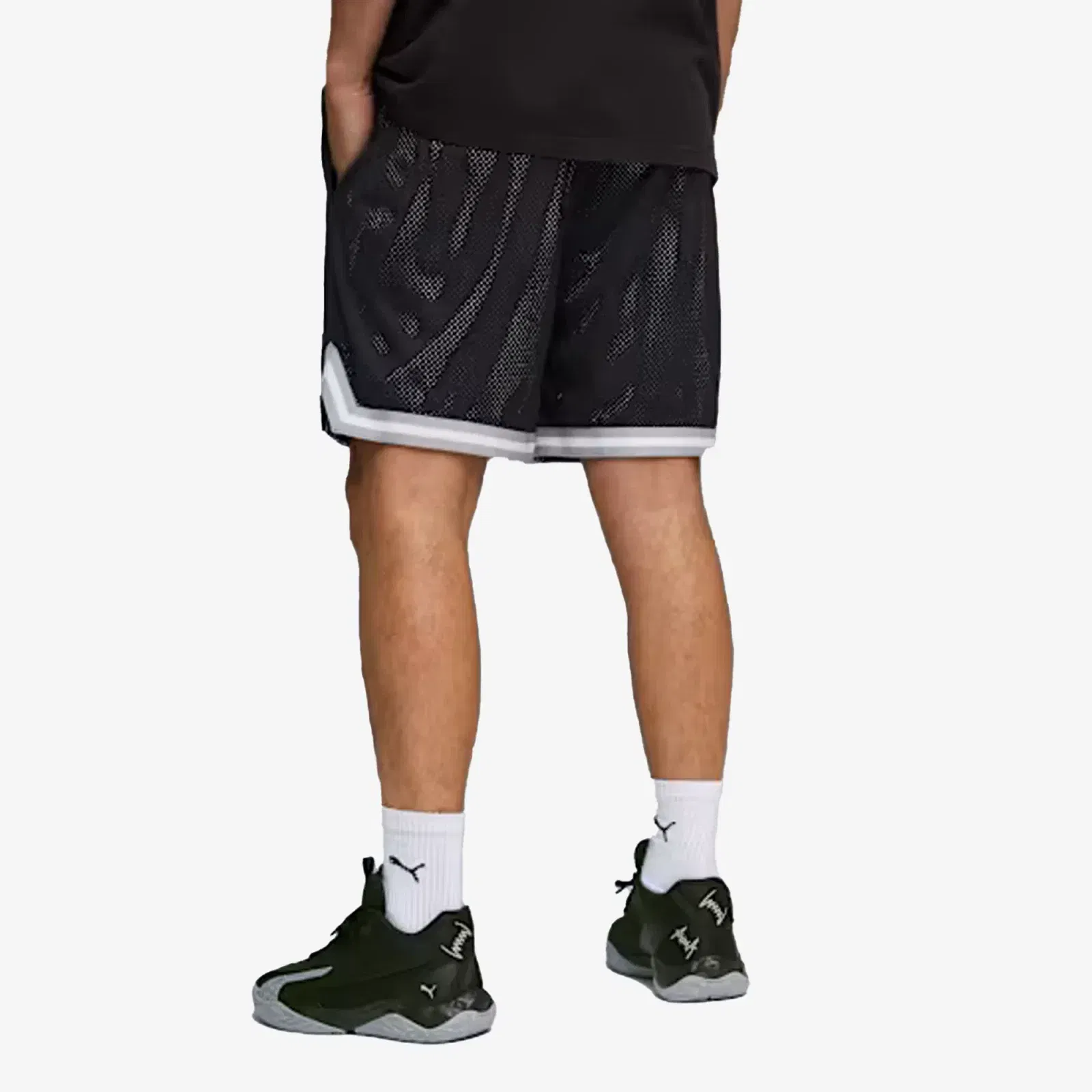 PUMA SWISH N' INK ABOVE-KNEE 7" BASKETBALL SHORTS { BLACK-AOP