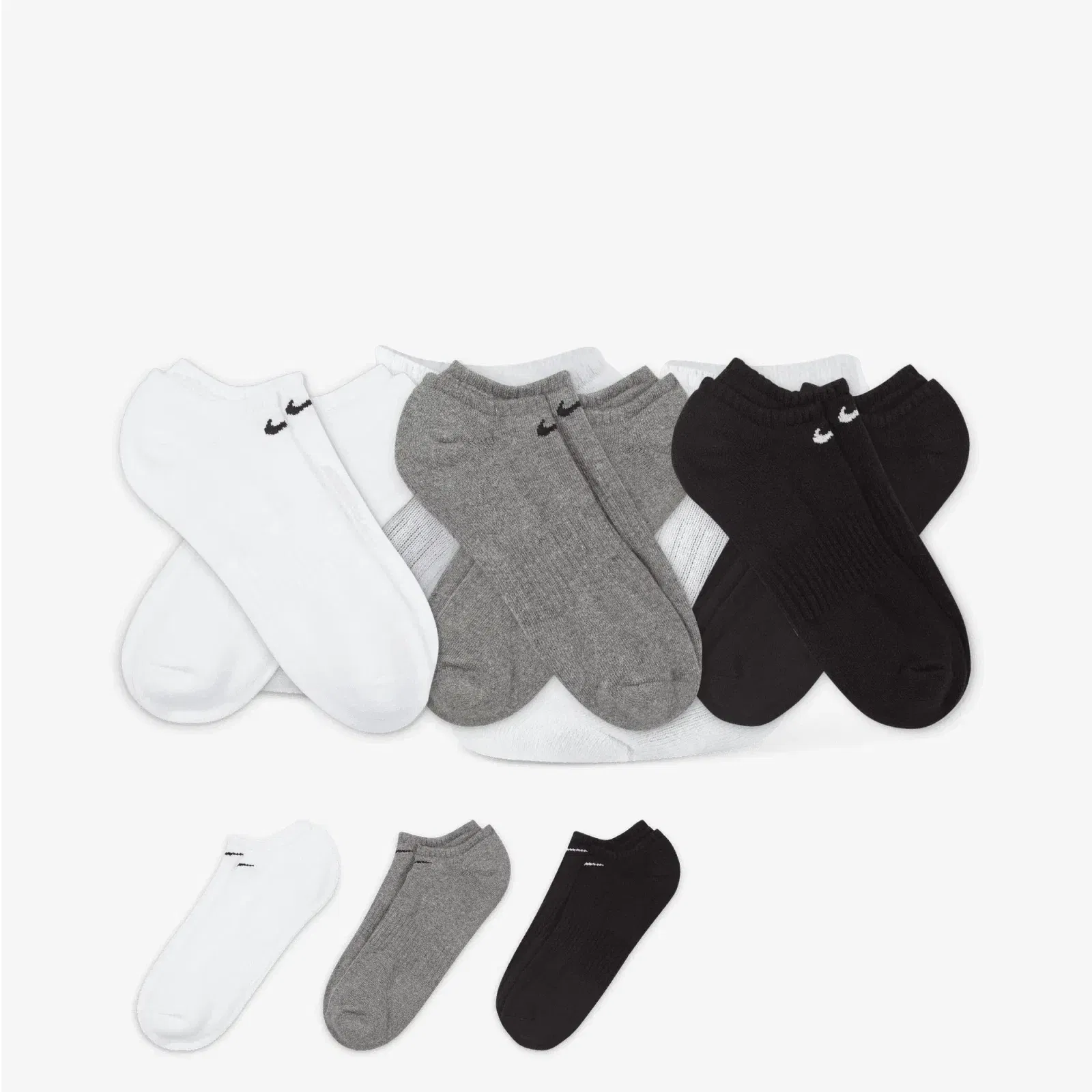 NIKE EVERYDAY CUSHIONED TRAINING NO-SHOW SOCKS { GREY/WHITE/BLACK