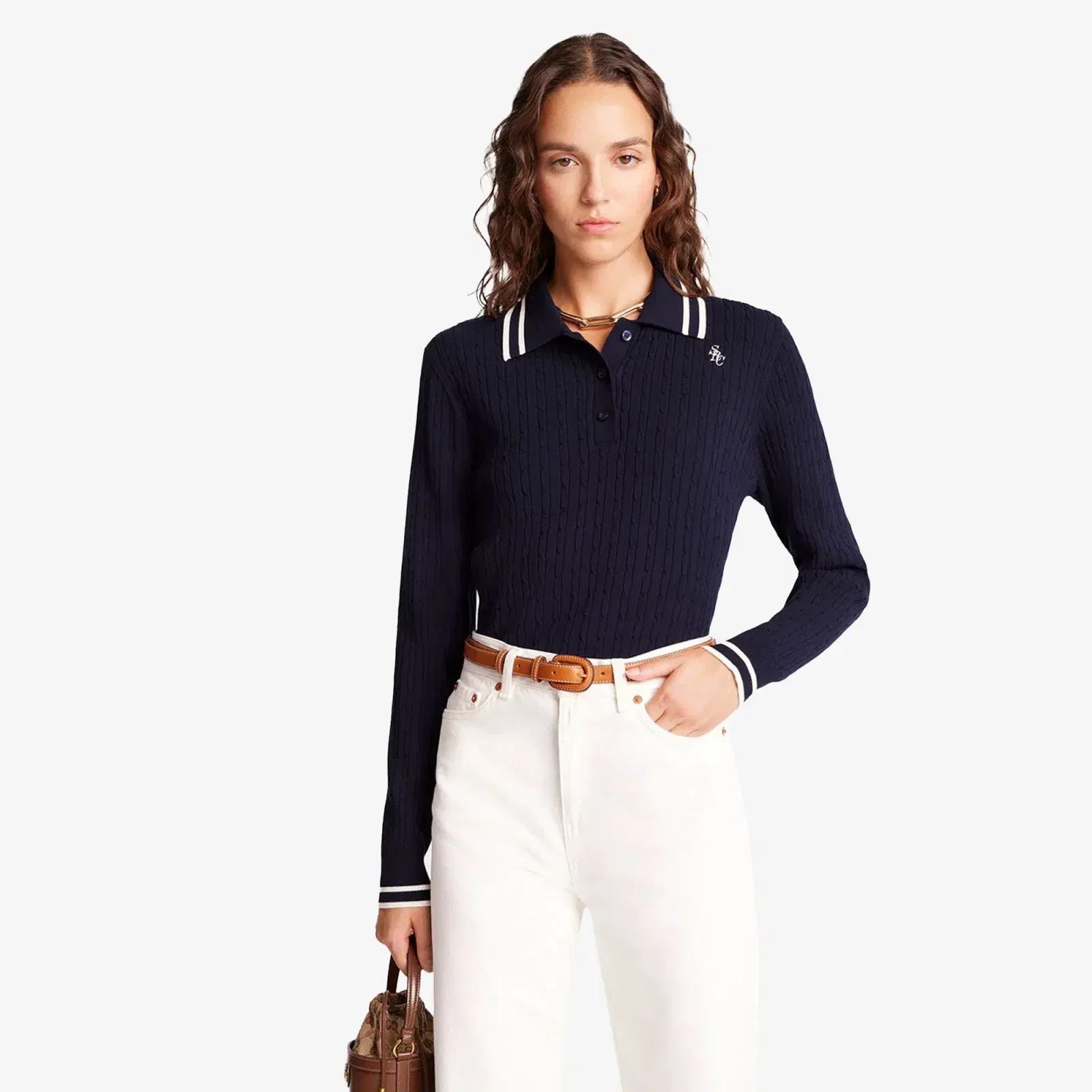 SPORTY & RICH SRC CABLEKINT POLO { NAVY/CREAM