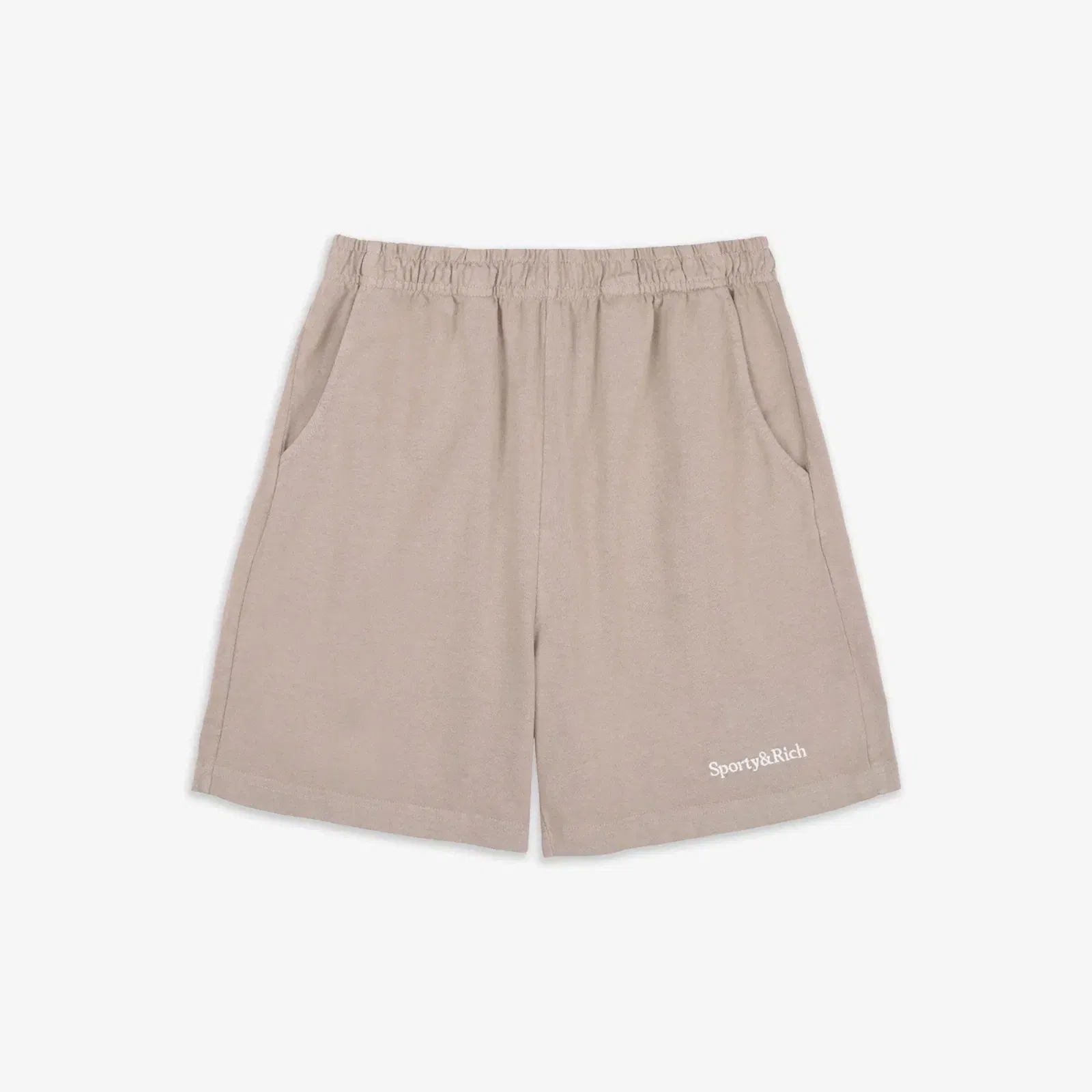SPORTY & RICH SERIF LOGO EMBROIDERED GYM SHORT { ELEPHANT/WHITE