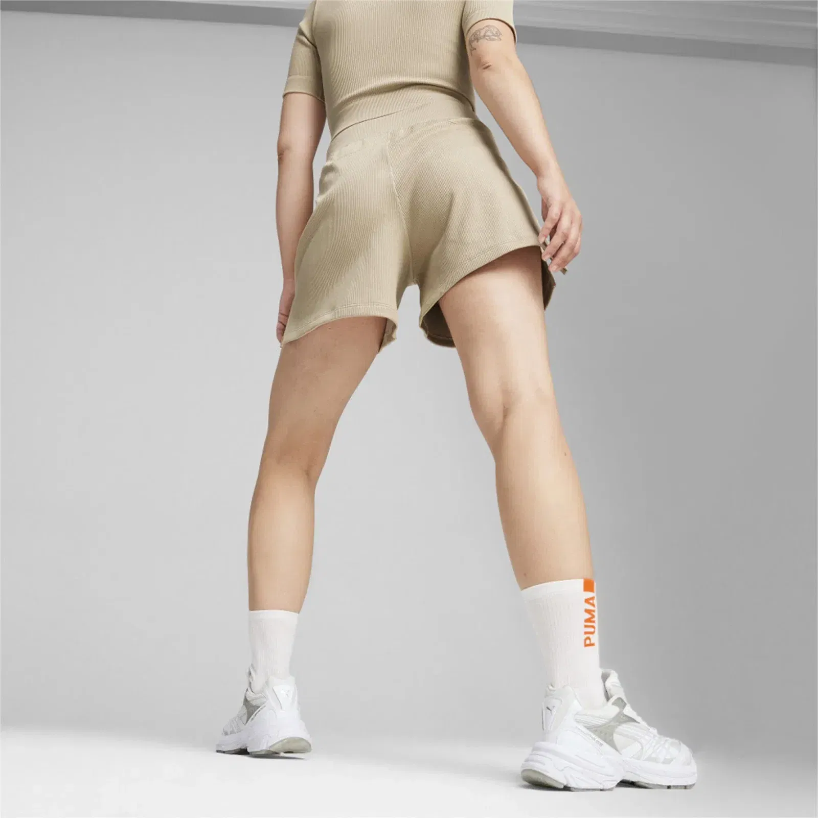 Puma DARE TO MUTED MOTION FLARED SHORTS { ALMOND