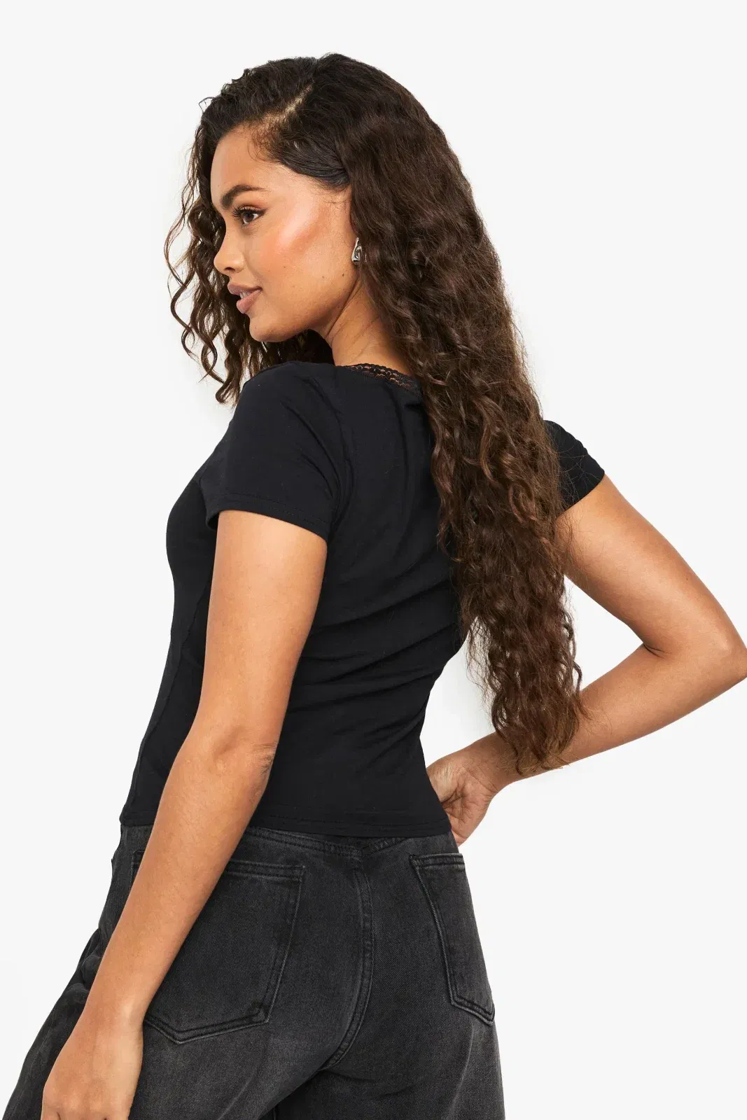 Cotton Lace Trim V Neck Top