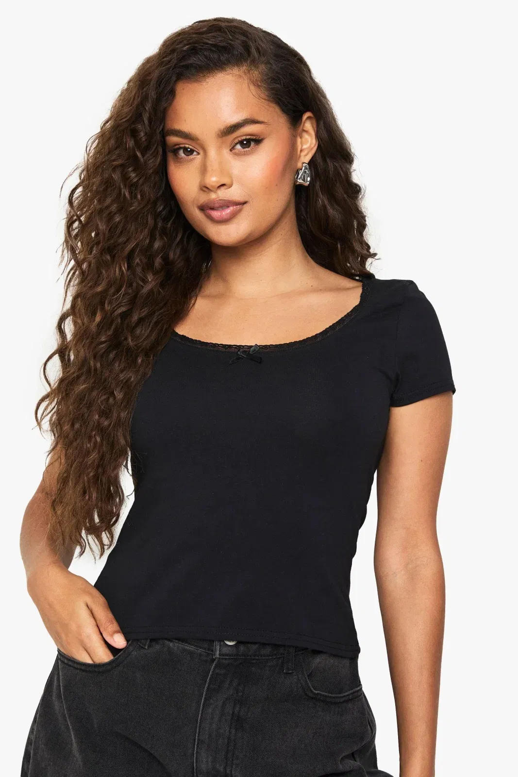 Cotton Lace Trim V Neck Top