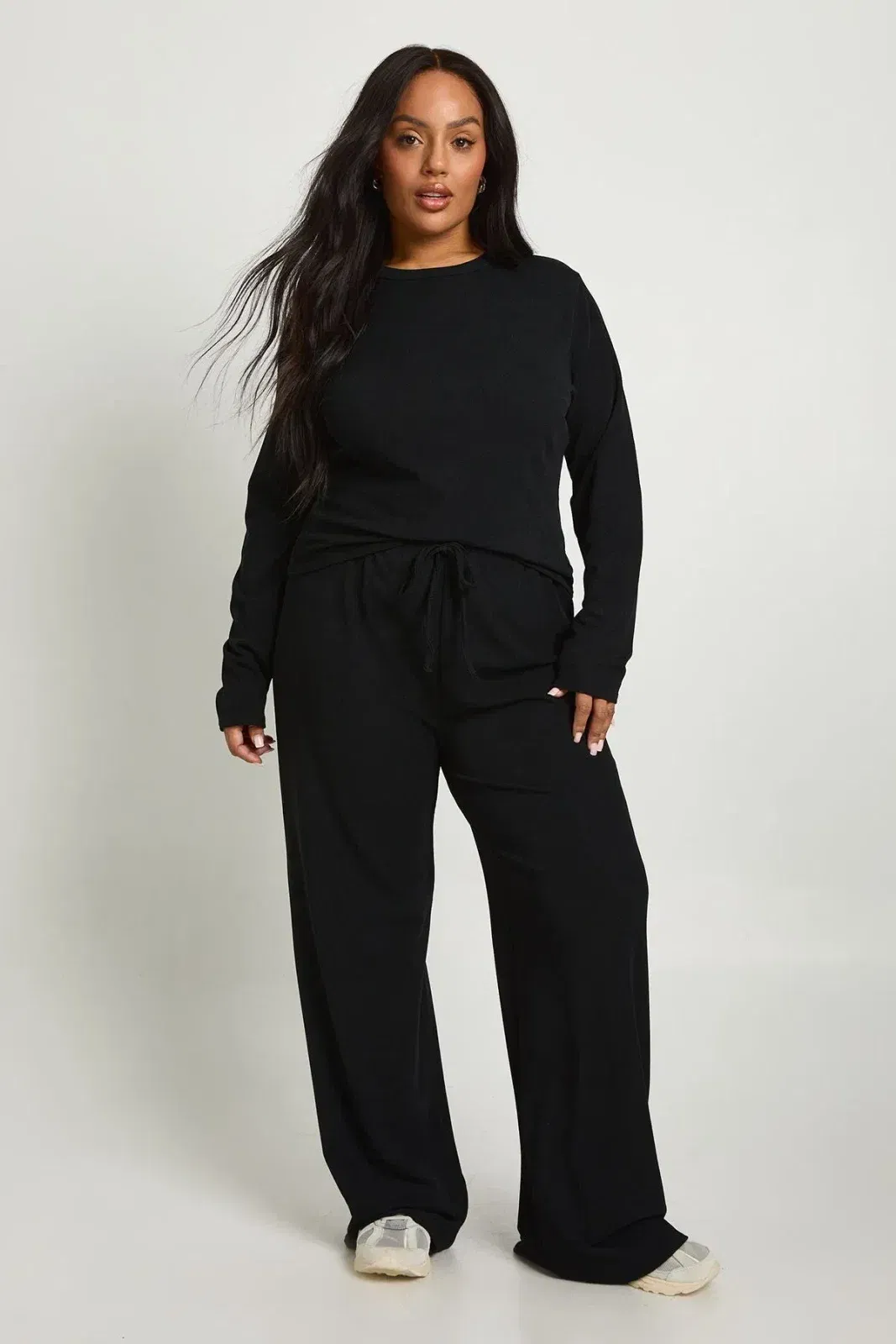Plus Rib Basic Long Sleeve Top & Elasticated Waist Trouser Co Ord