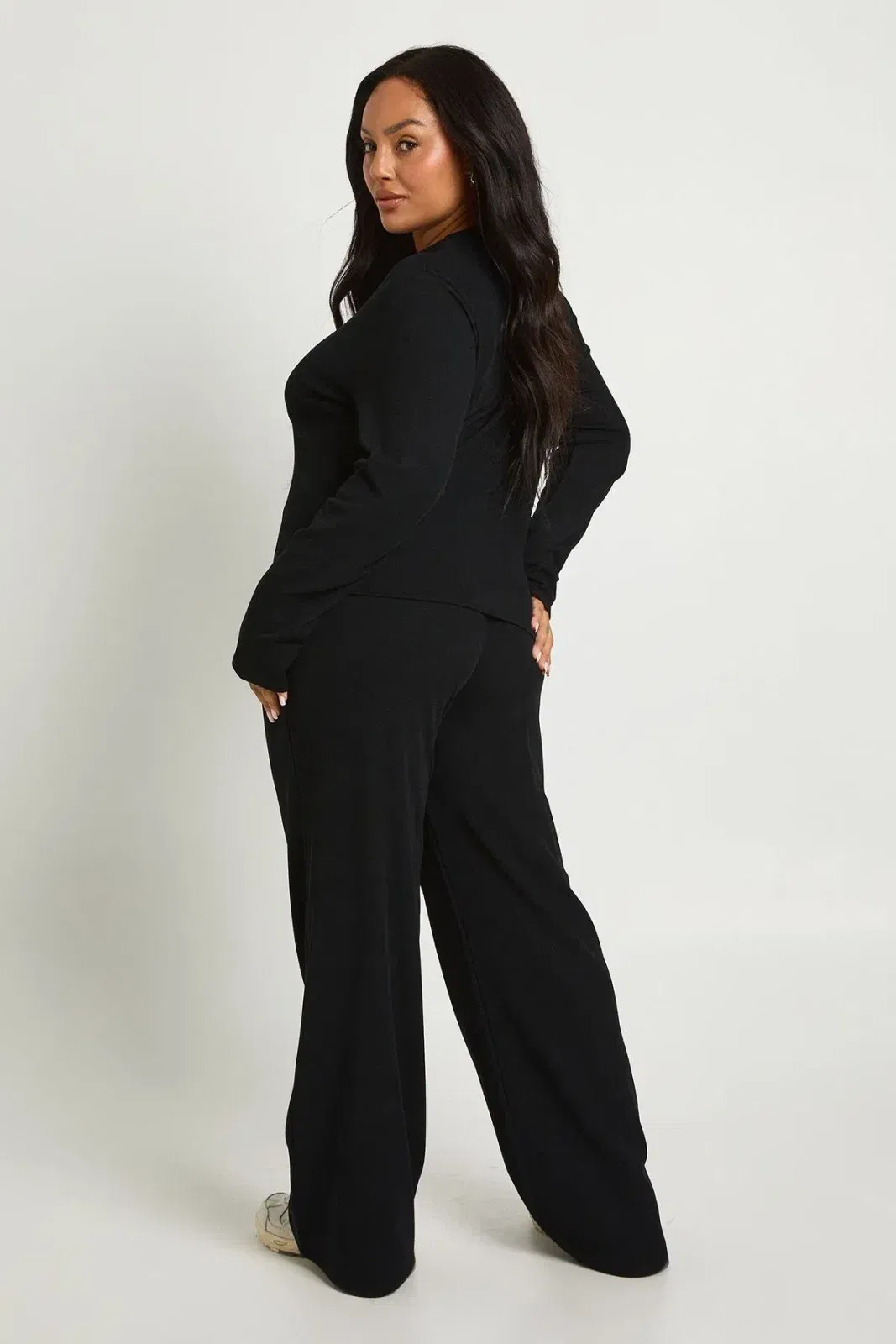 Plus Rib Basic Long Sleeve Top & Elasticated Waist Trouser Co Ord