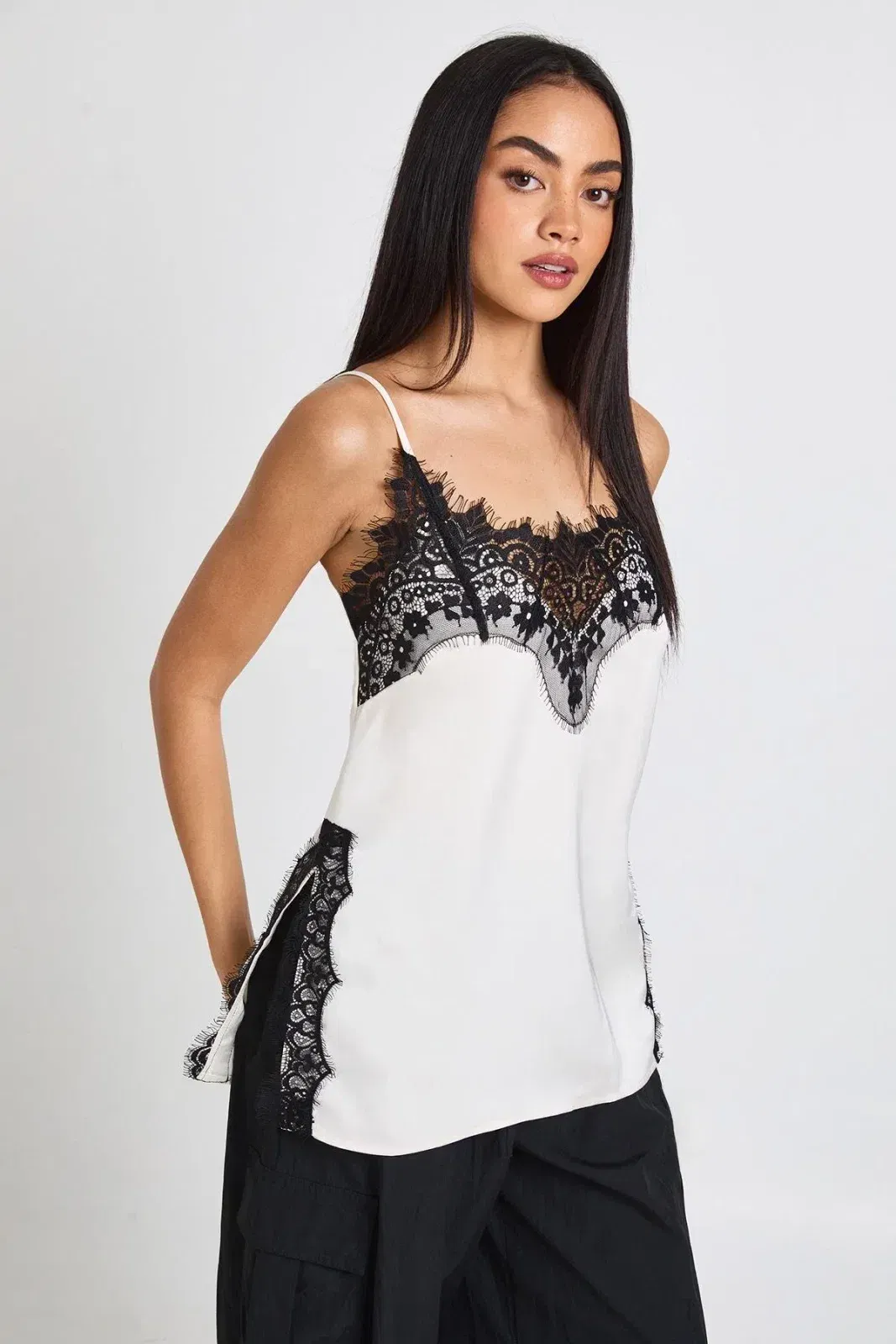 Lace Side Split Satin Cami Top
