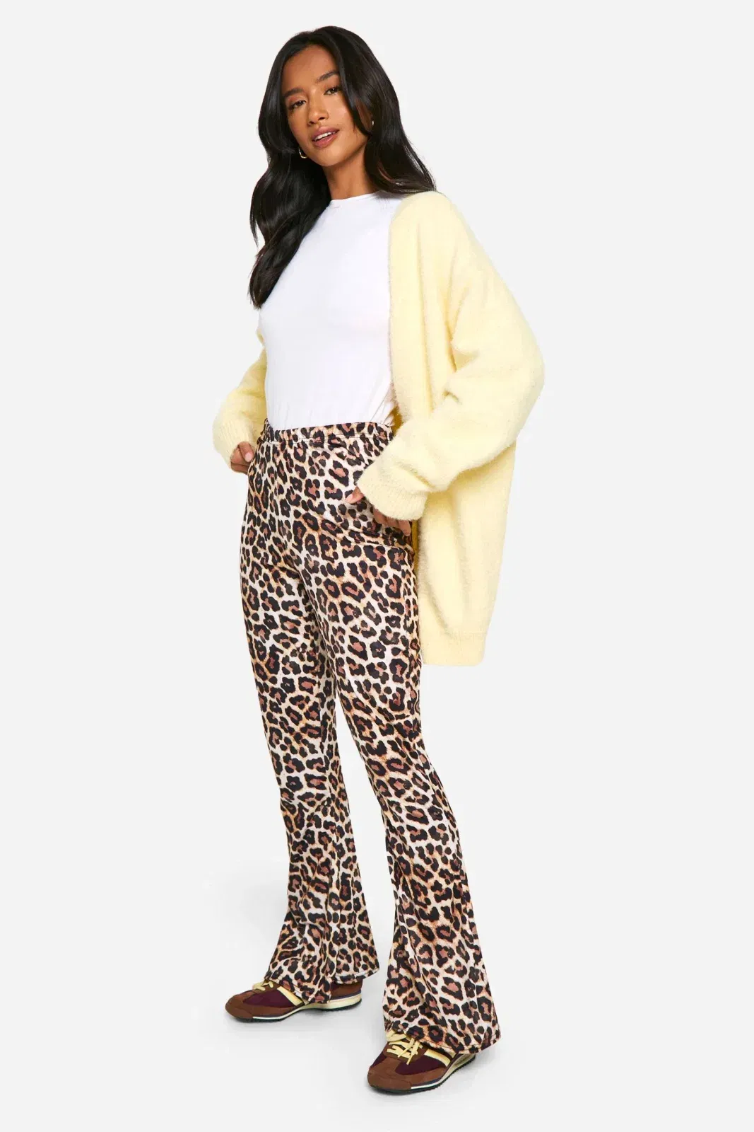 Petite Leopard High Waist Basic Fit & Flare Trouser