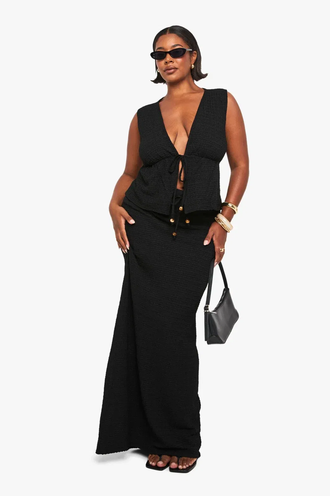 Beaded Textured Tie Front Waistcoat