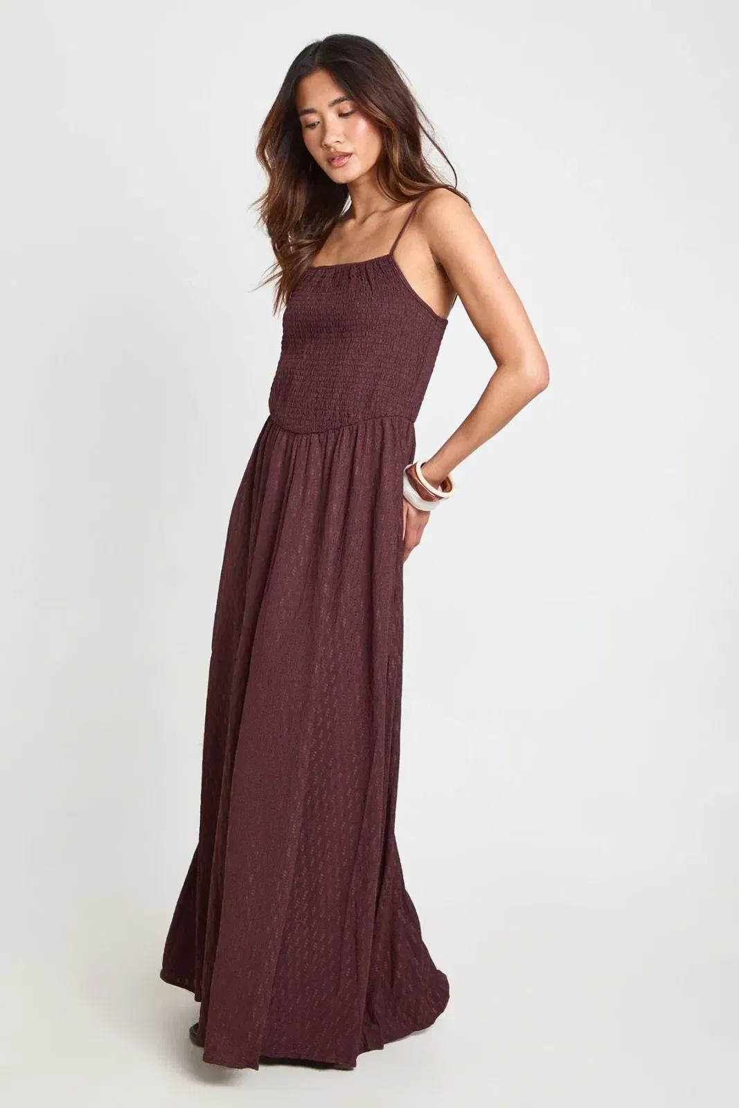 Textured Square Neck Shirred Bodice Maxi Dress