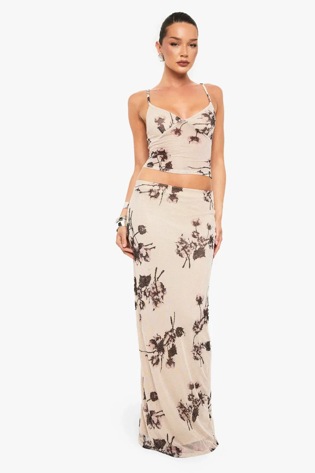 Embellished Printed Mesh Lined Strappy Cami Top