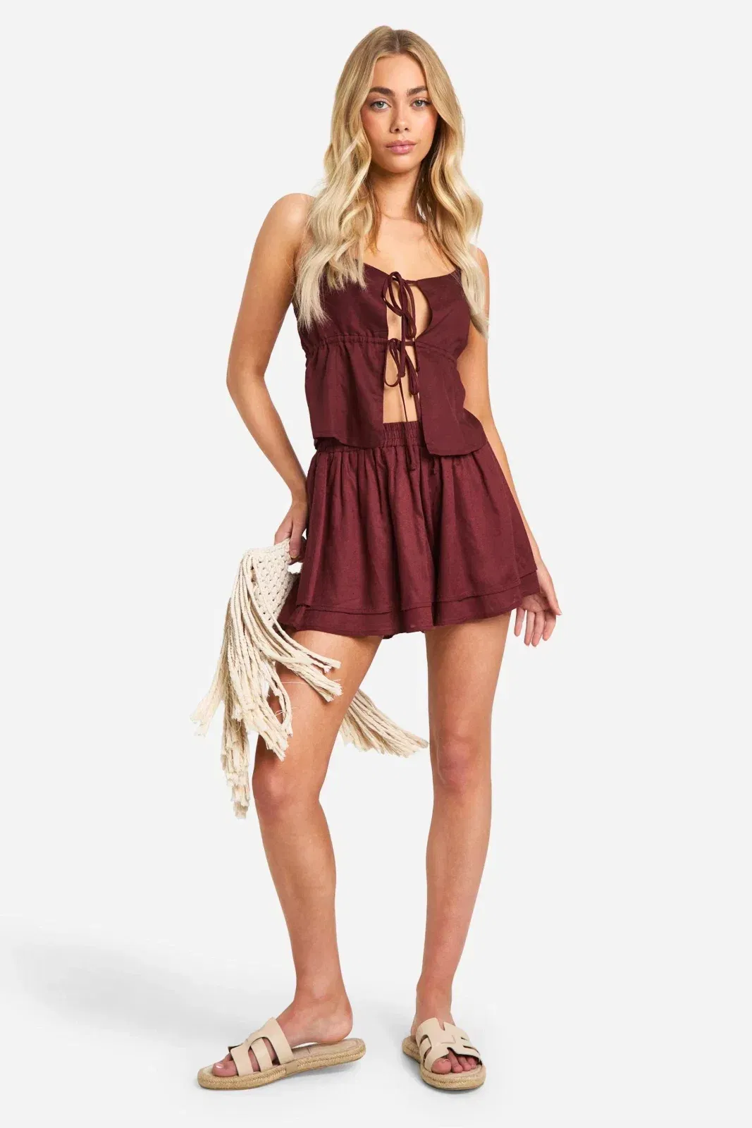 Linen Look Strappy Tie Front Crop