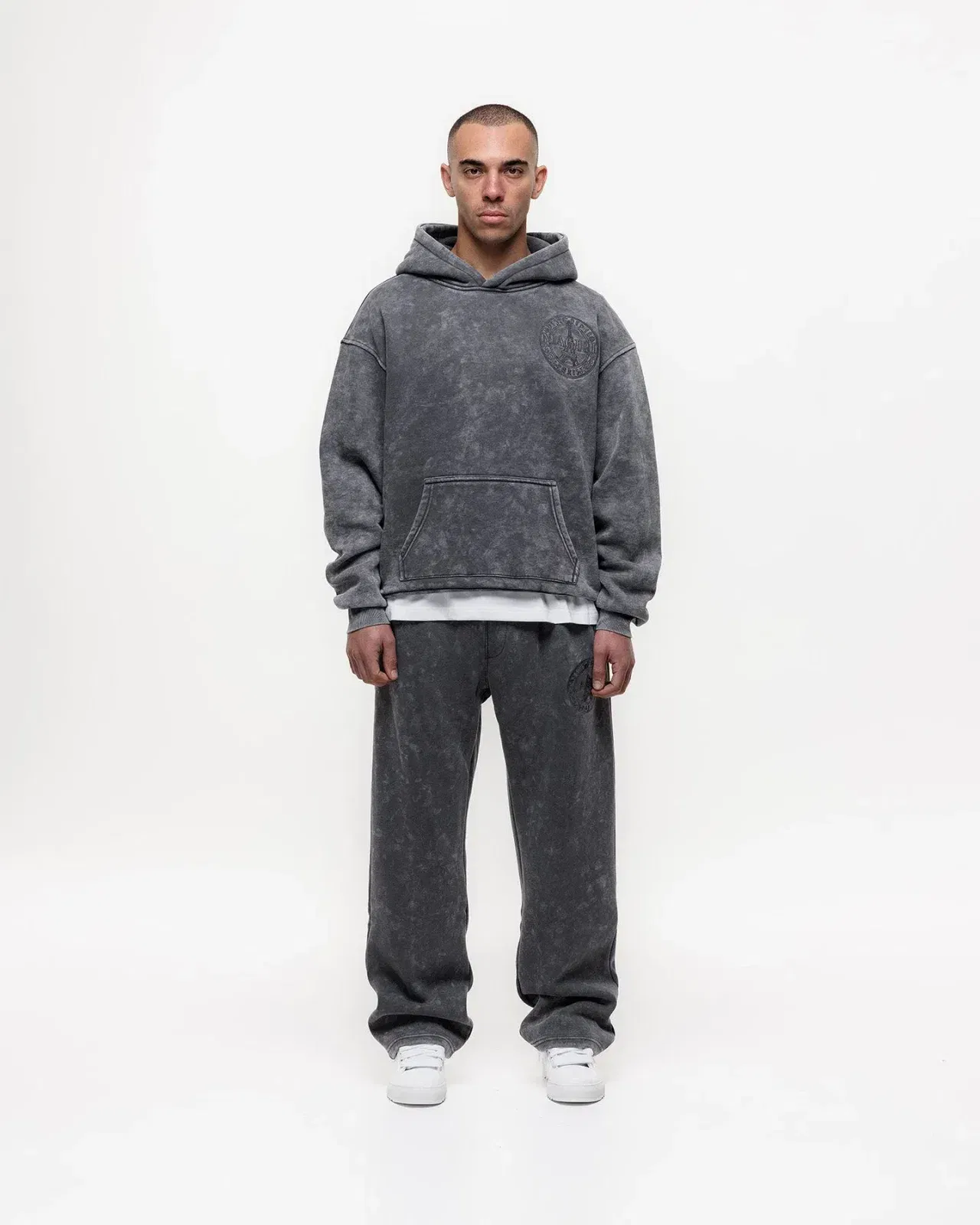 Magiri Embroidered Acid Wash Hoodie & Jogger Tracksuit in Washed Grey