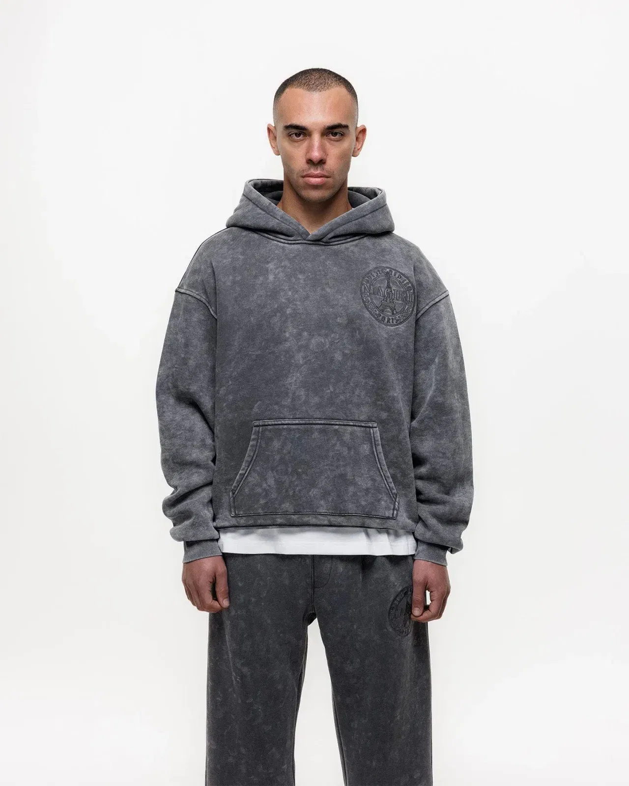Magiri Embroidered Acid Wash Hoodie & Jogger Tracksuit in Washed Grey
