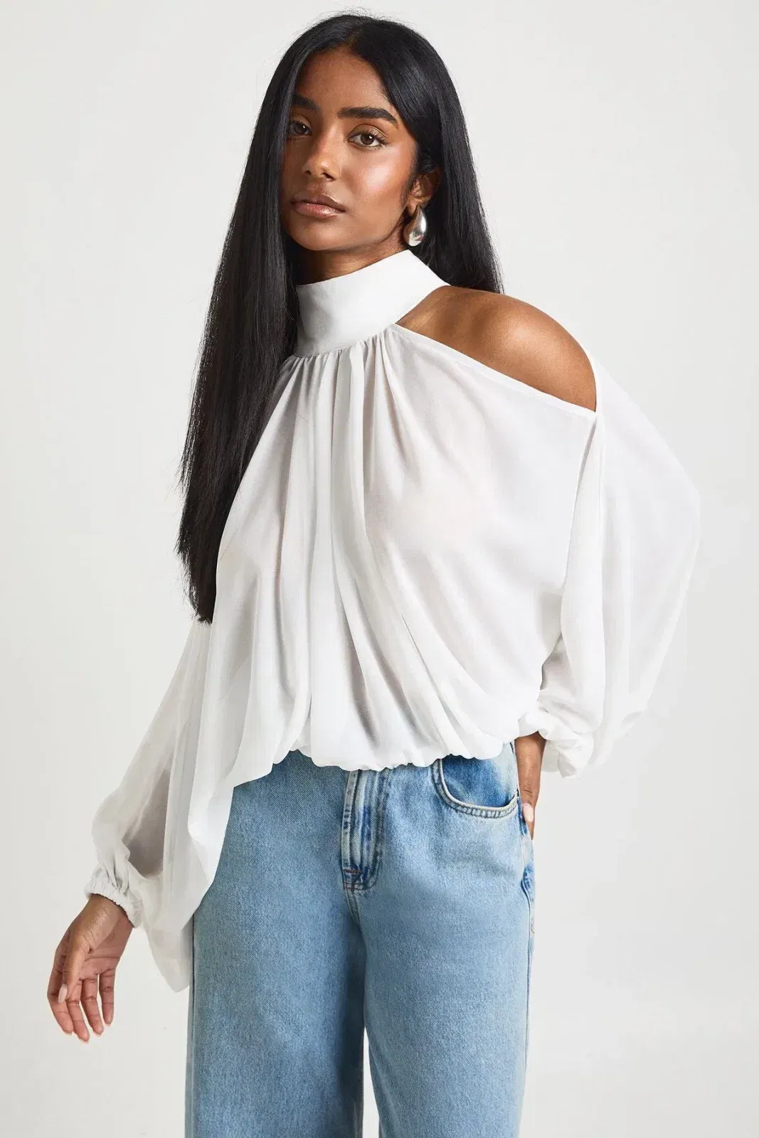 Chiffon Cold Shoulder Volume Sleeve Blouse