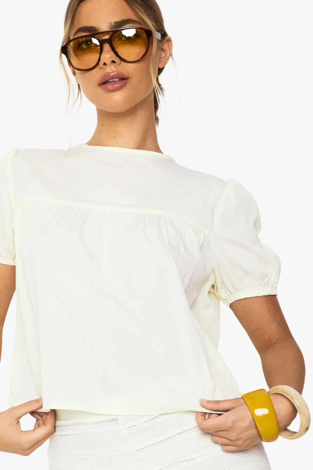 Woven Sheer Puff Sleeve Smock Top