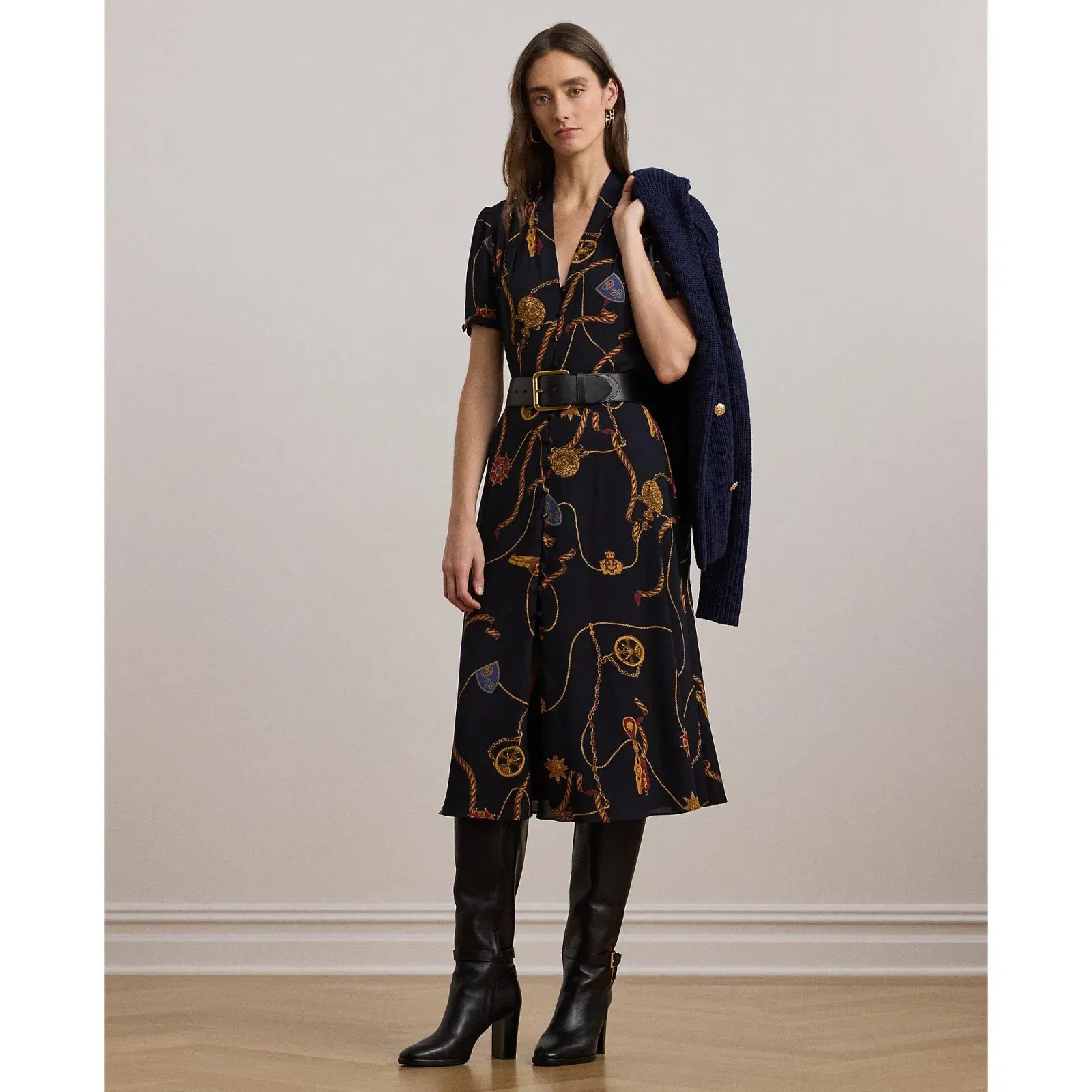 Print Belted Georgette Puff-Sleeve Dress