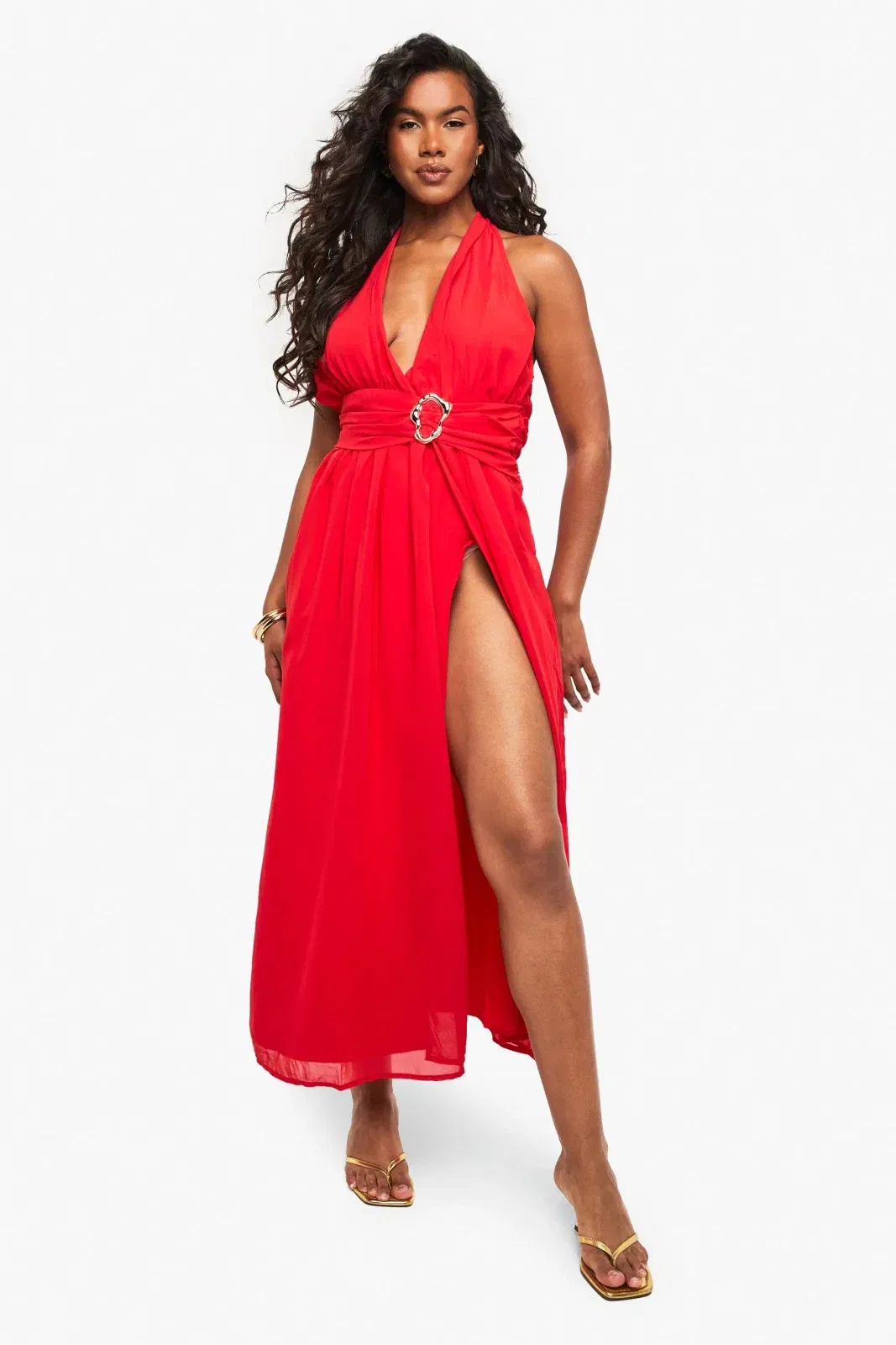 Petite Chiffon Trim Thigh Split Maxi Dress