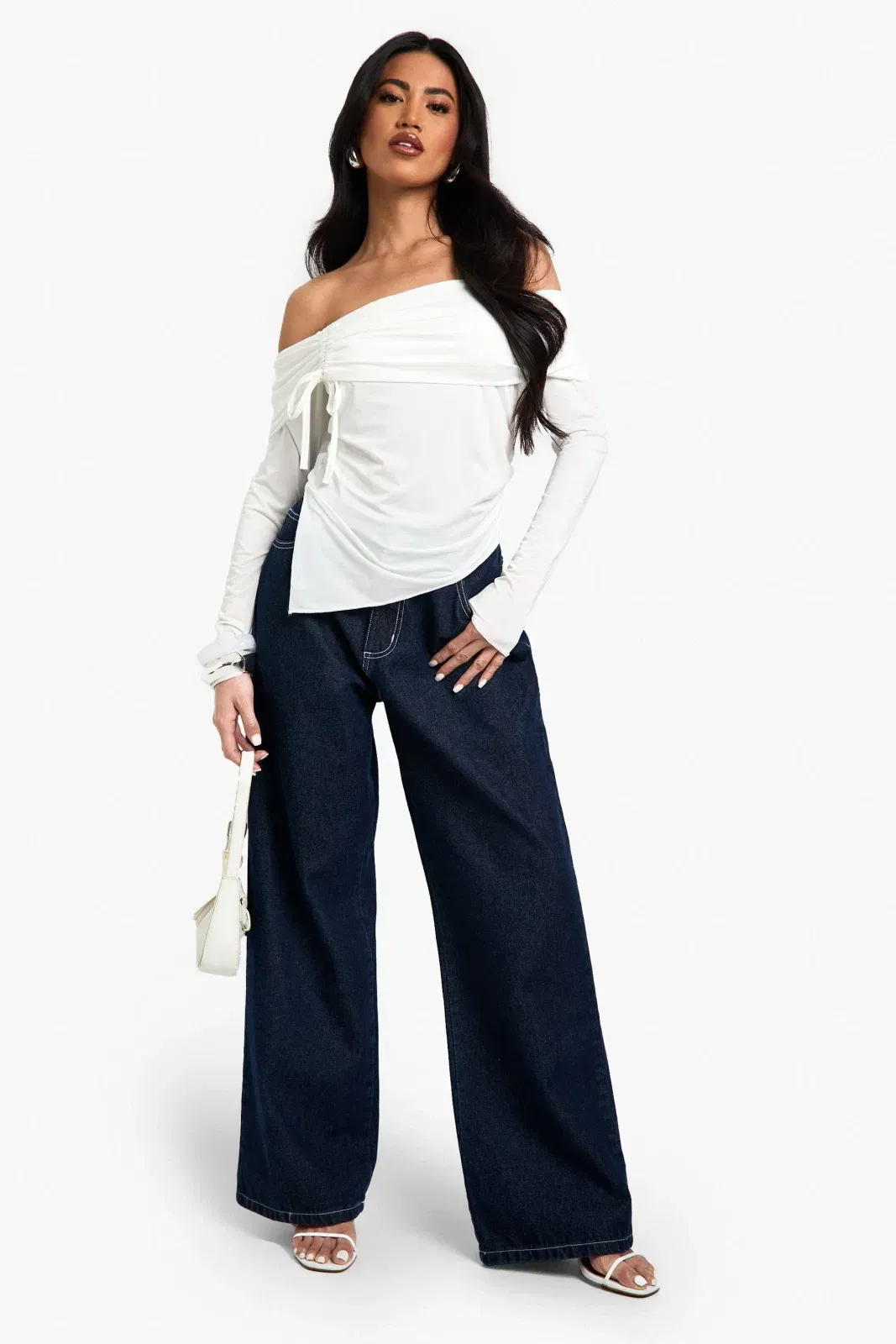 Slinky Bardot Ruched Front Long Sleeve Top