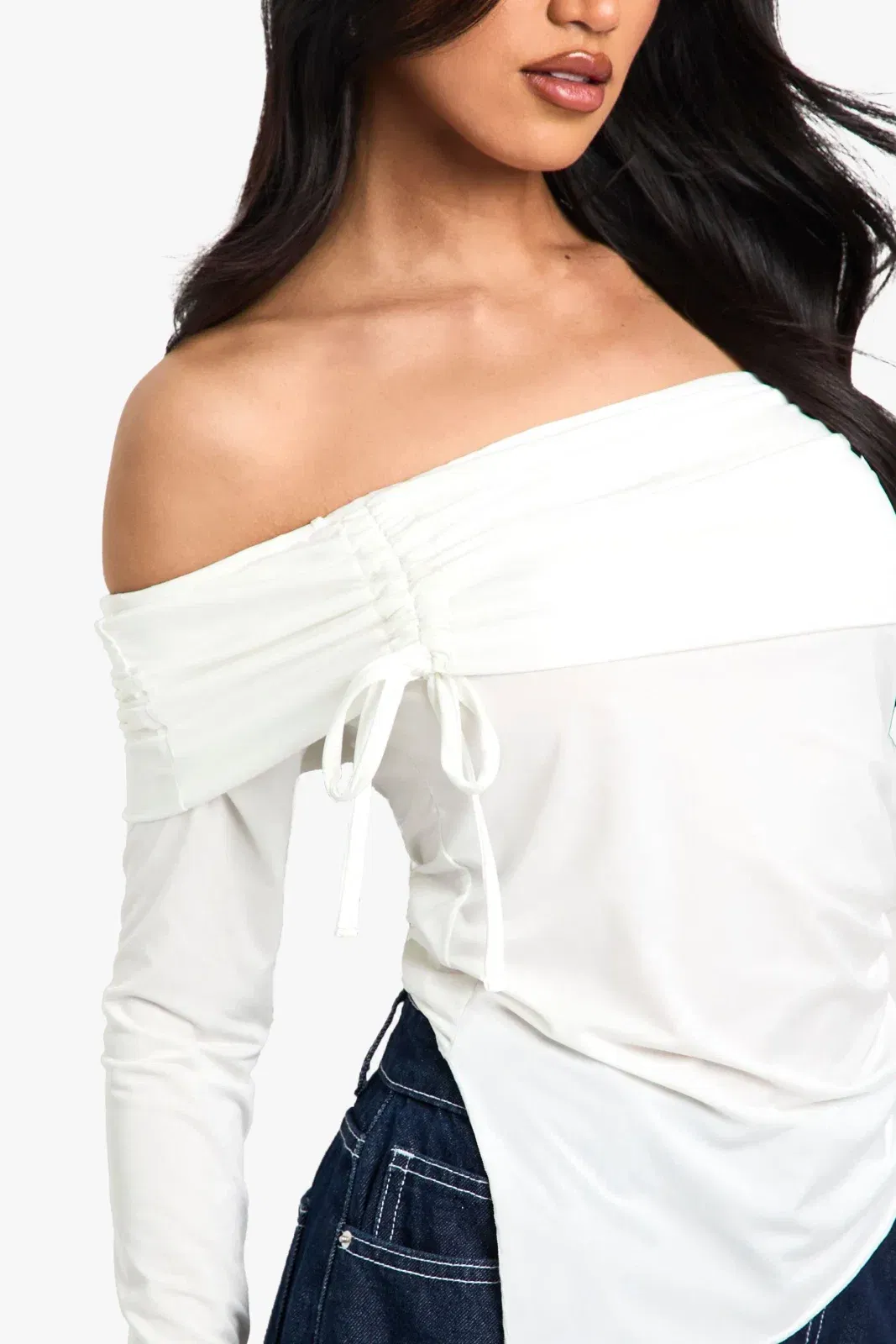 Slinky Bardot Ruched Front Long Sleeve Top