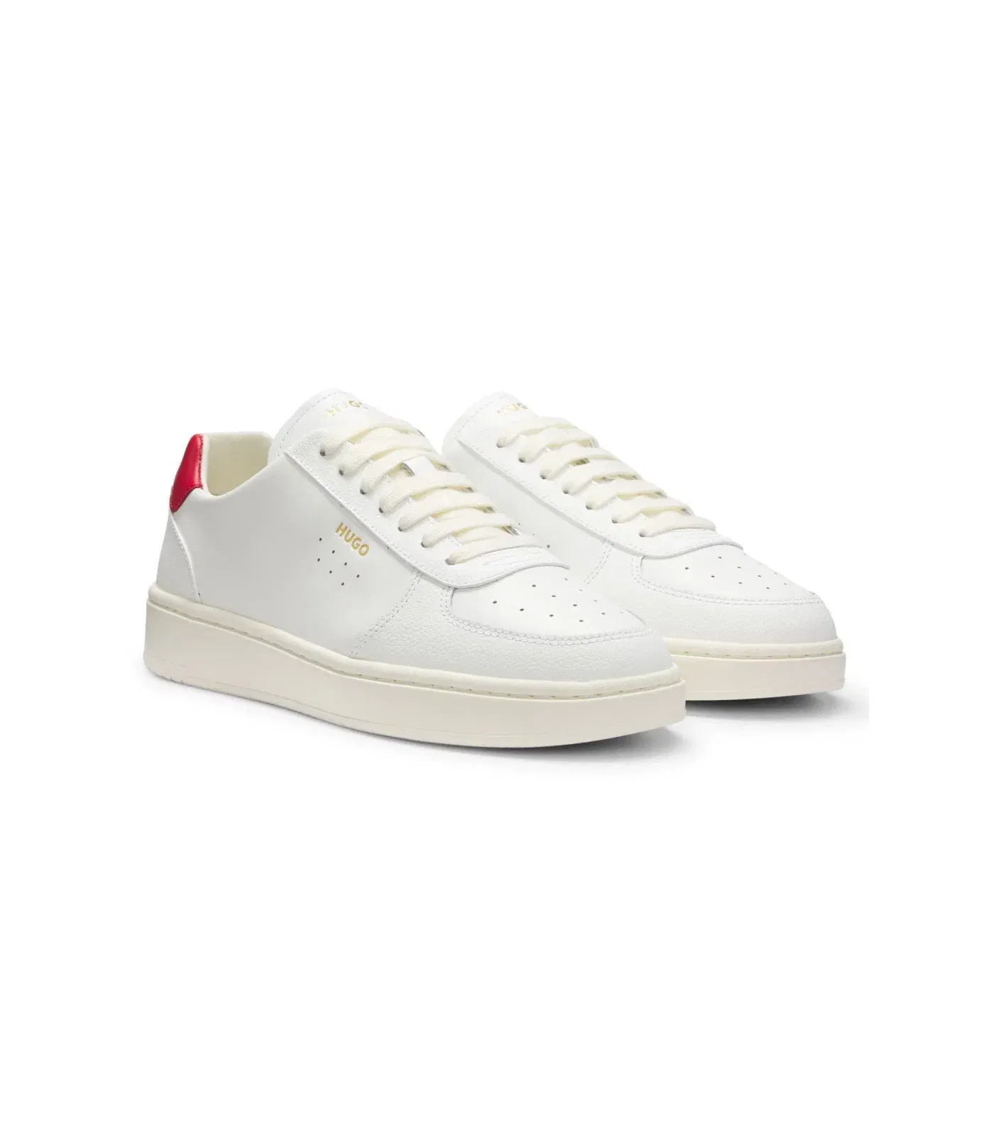 Hugo Leather Sneakers With Gold Tone Logo White White