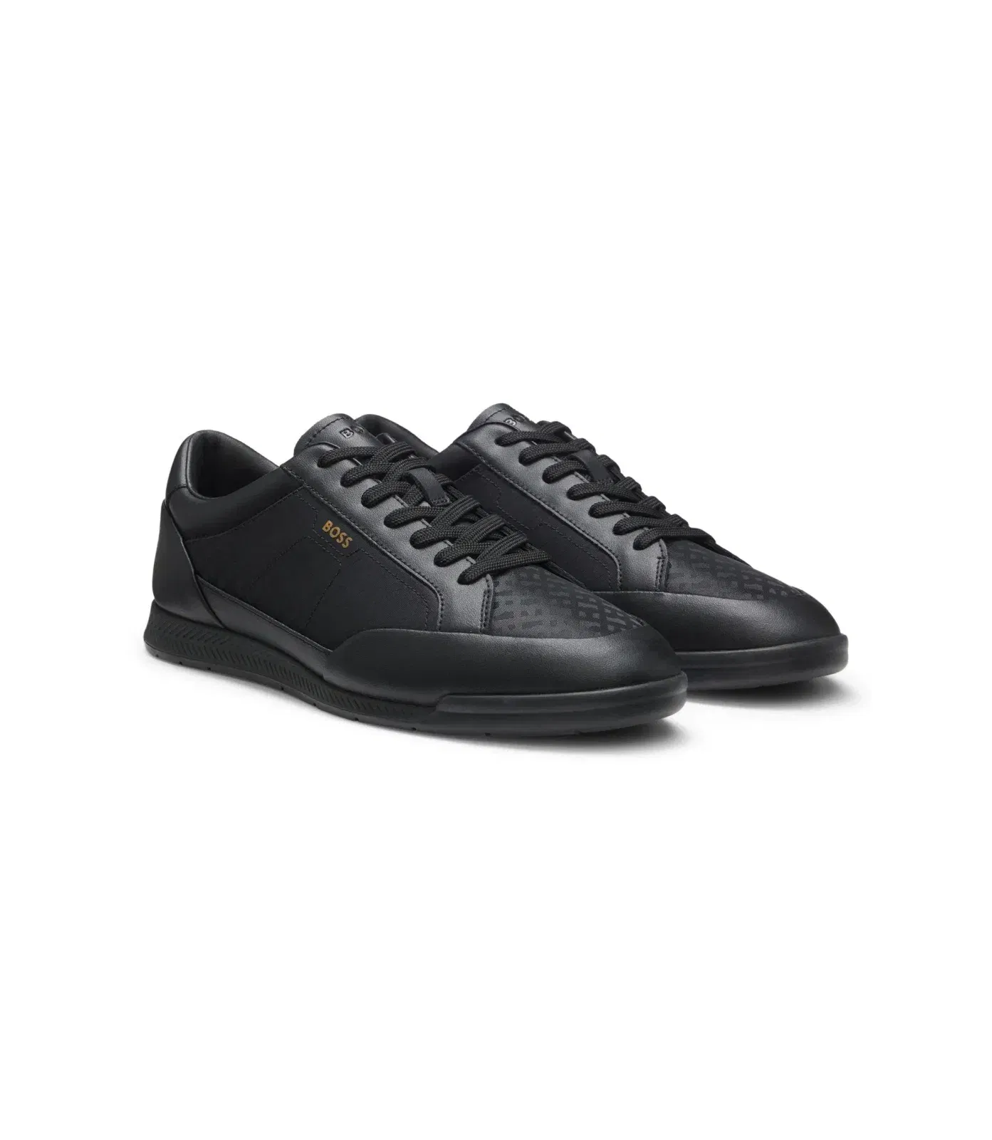 Boss Leather Sneakers With Monogram Paneling Black Black