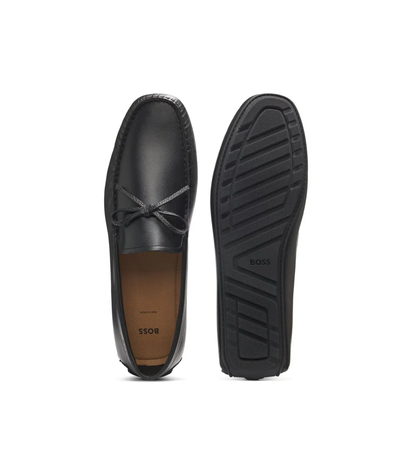 Boss Bow Trim Driver Moccasins In Leather Black Black