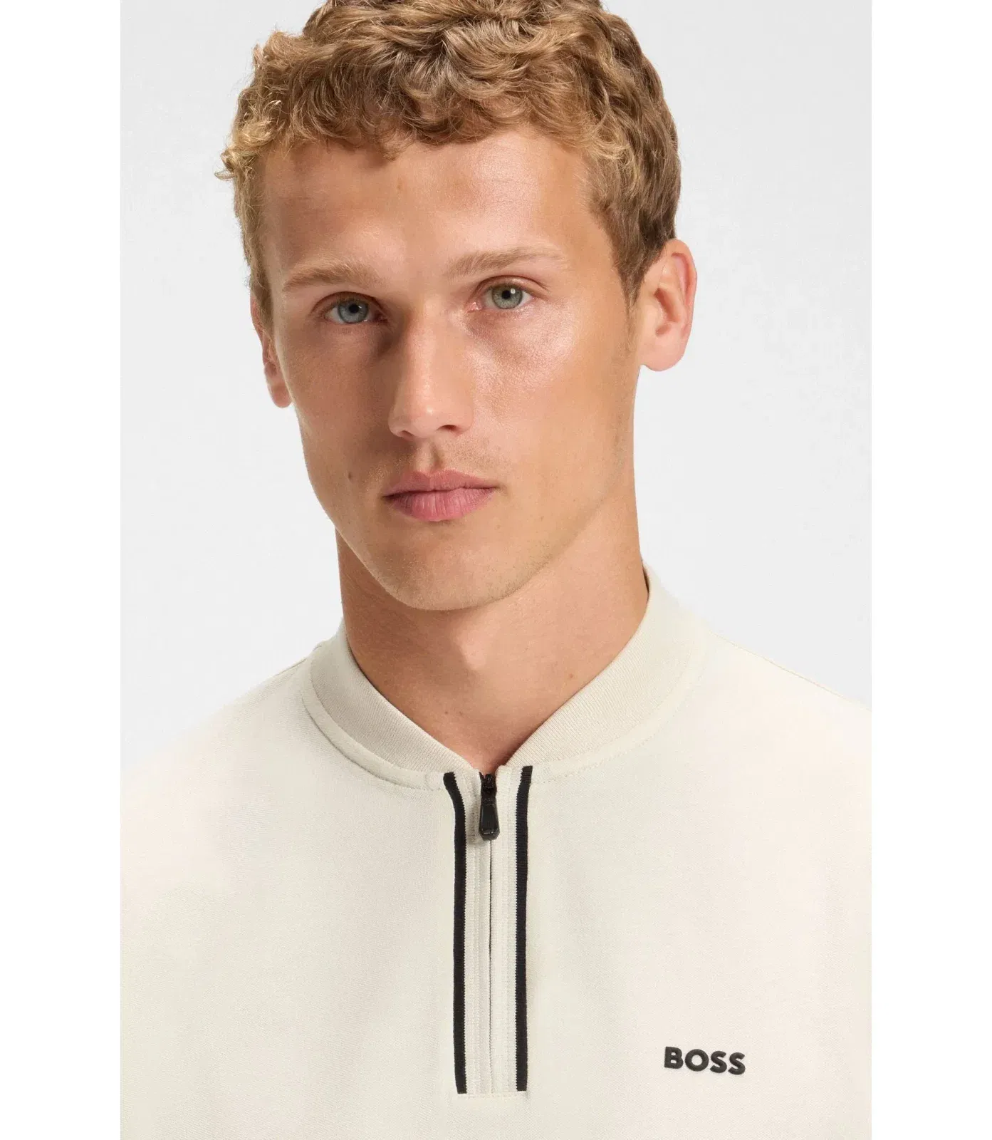 Boss Zip Neck Polo Shirt In Stretch Cotton Piqu White