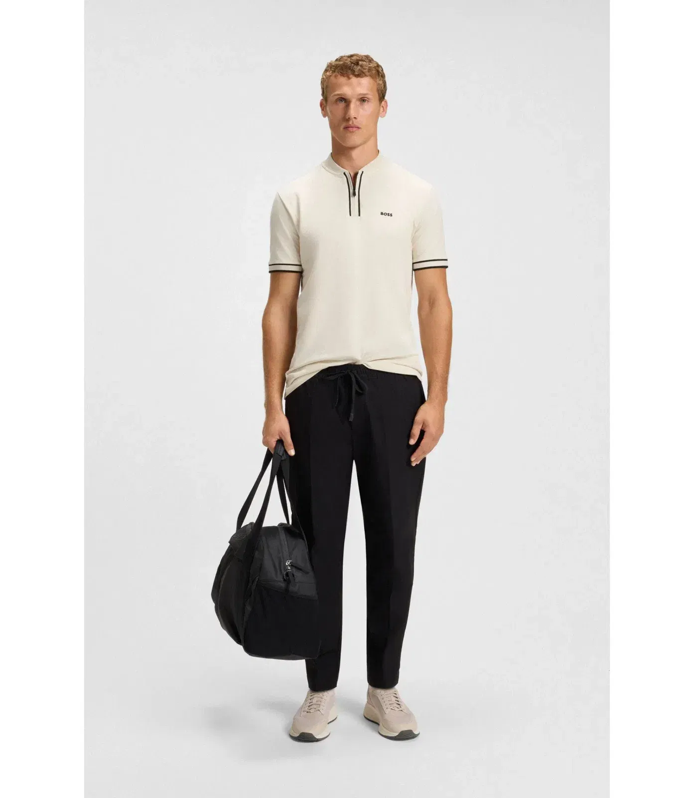 Boss Zip Neck Polo Shirt In Stretch Cotton Piqu White