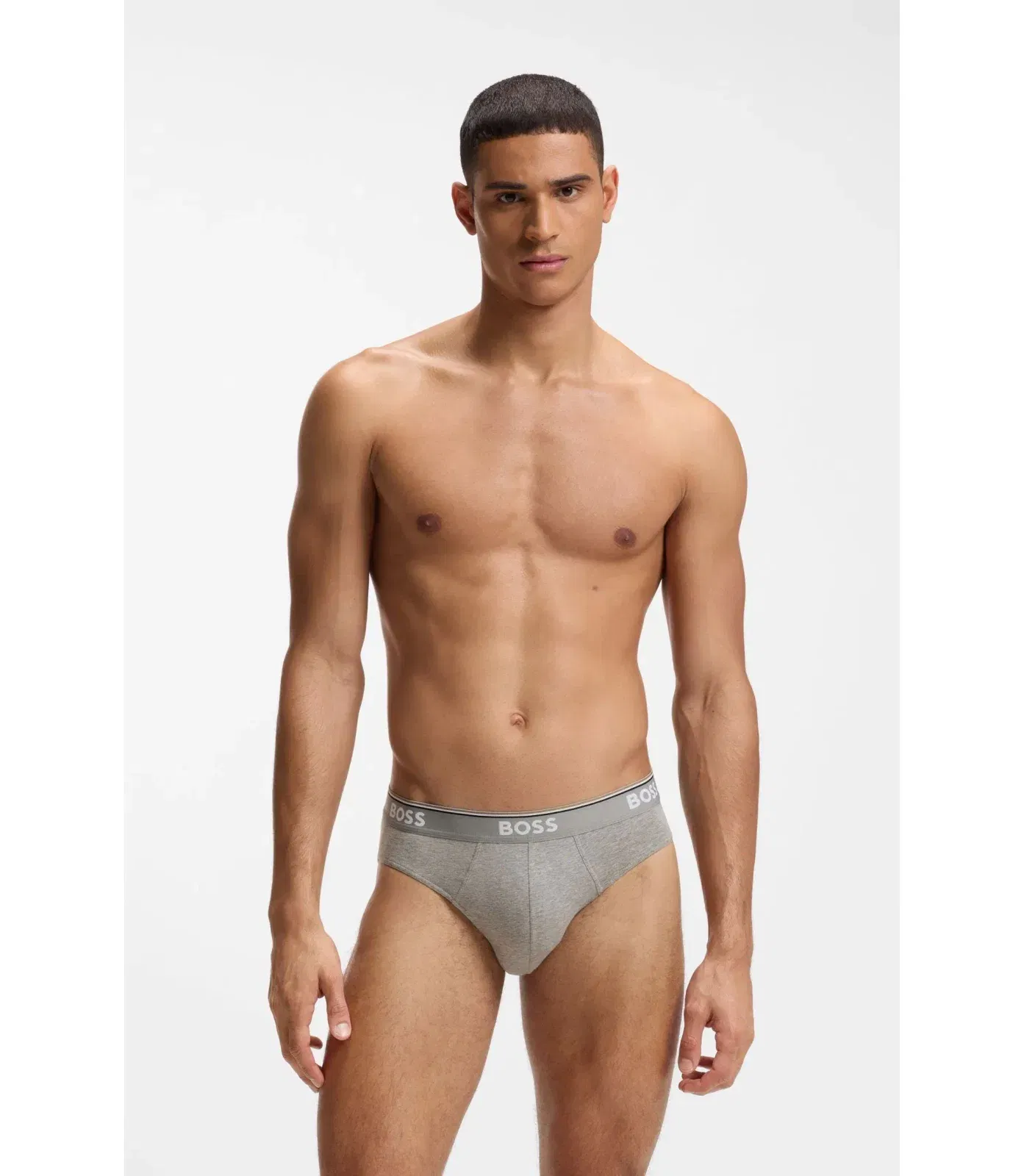 Boss Three Pack Of Stretch Cotton Briefs With Logo Waistband Light Grey