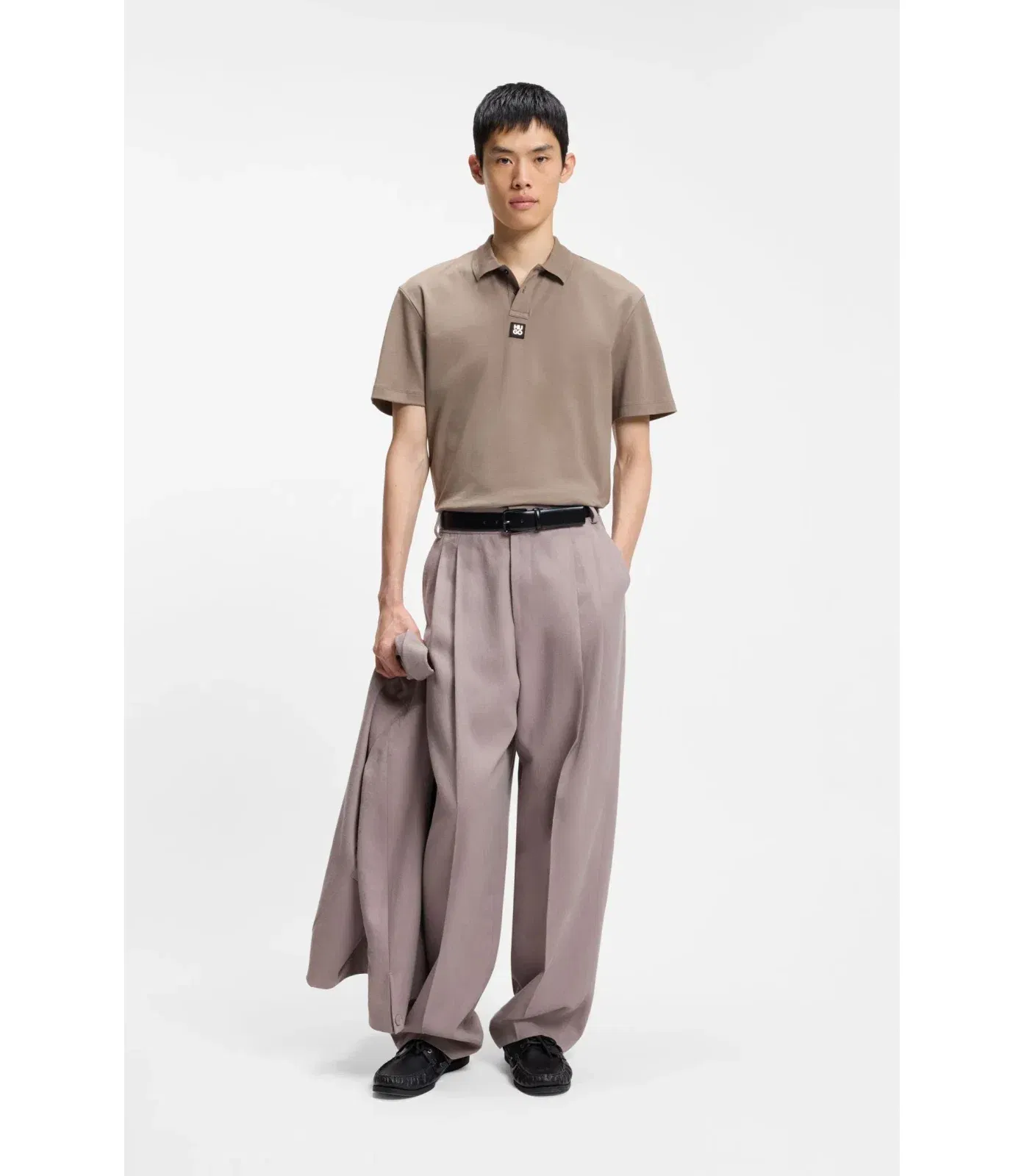 Hugo Stacked Logo Polo Shirt In Interlock Cotton Light Brown