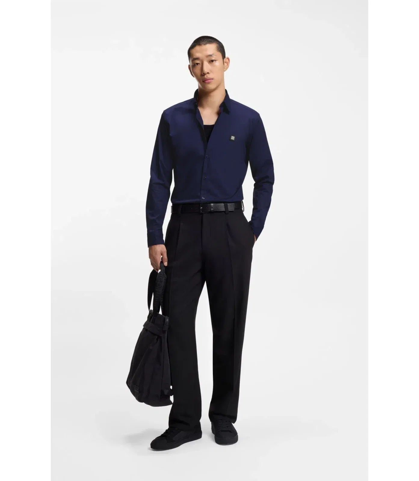 Hugo Slim Fit Shirt In Stretch Cotton Canvas Dark Blue