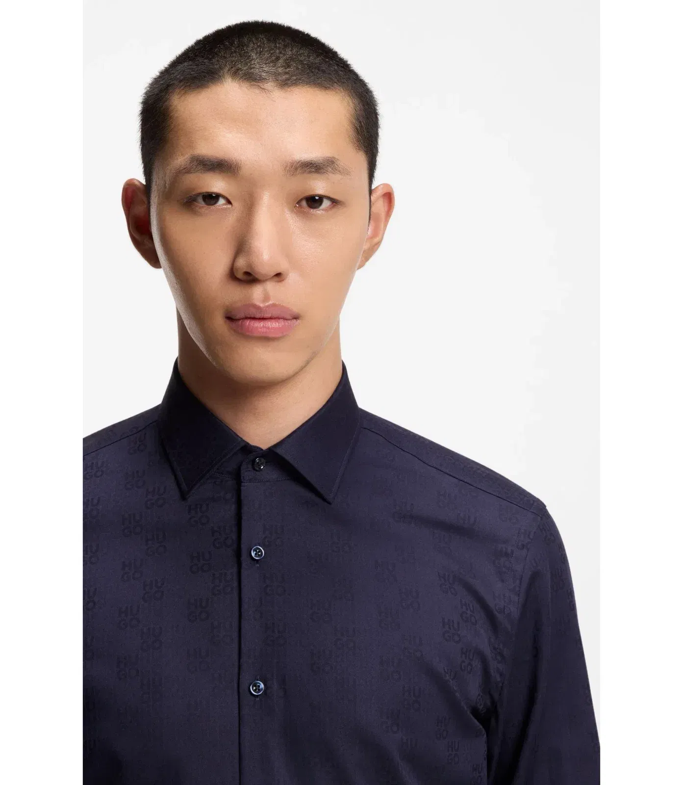 Hugo Slim Fit Shirt In Cotton With A Stacked Logo Jacquard Dark Blue