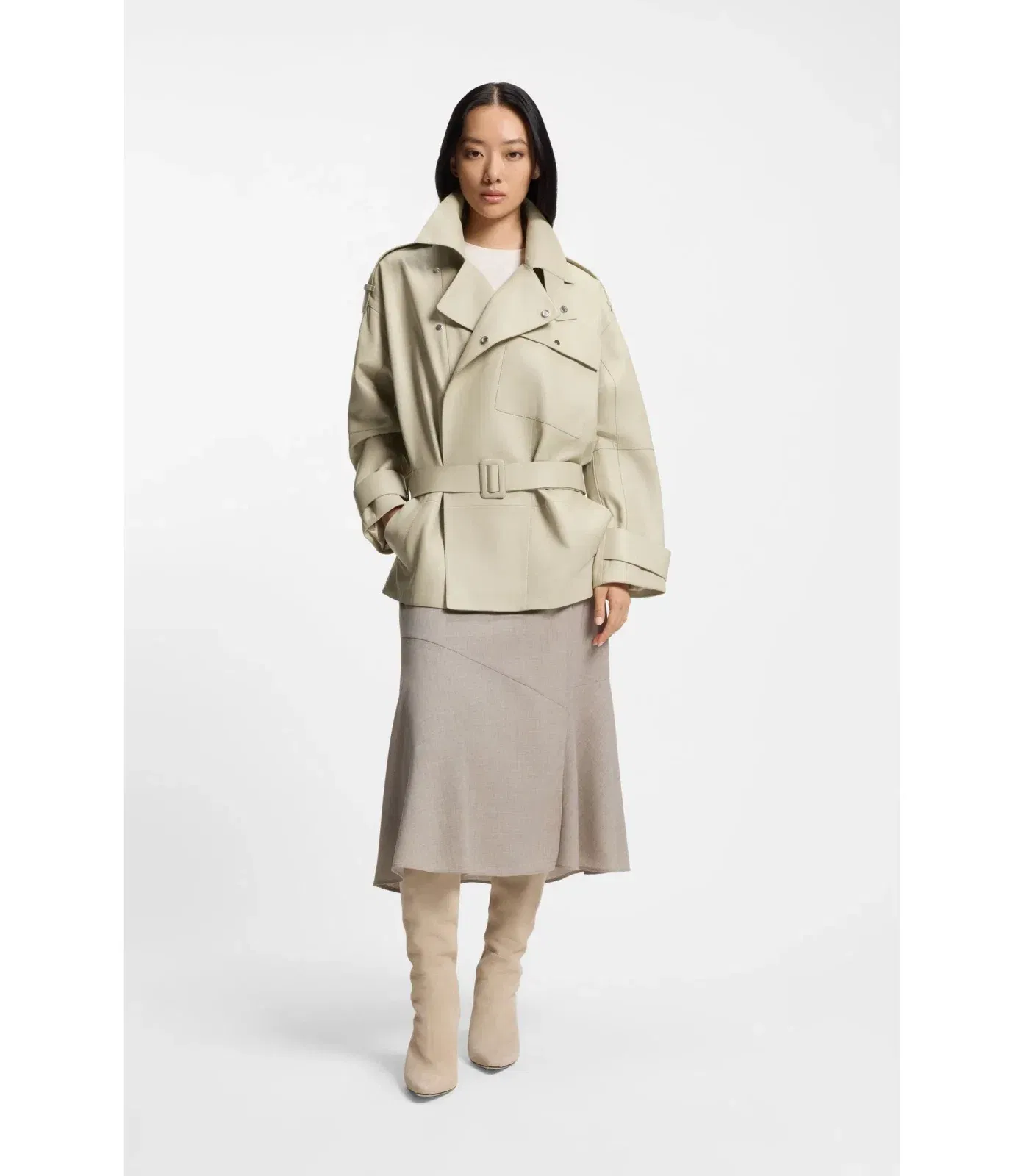 Boss Short Trench Coat In Leather Light Beige Women's